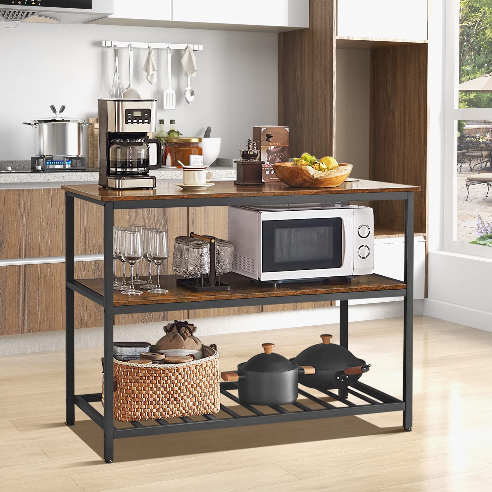 Giantex Kitchen Island with 3 Tier Storage Shelves, 48 Inch Baker Rack with Spacious Worktop (Rustic Brown & Black)