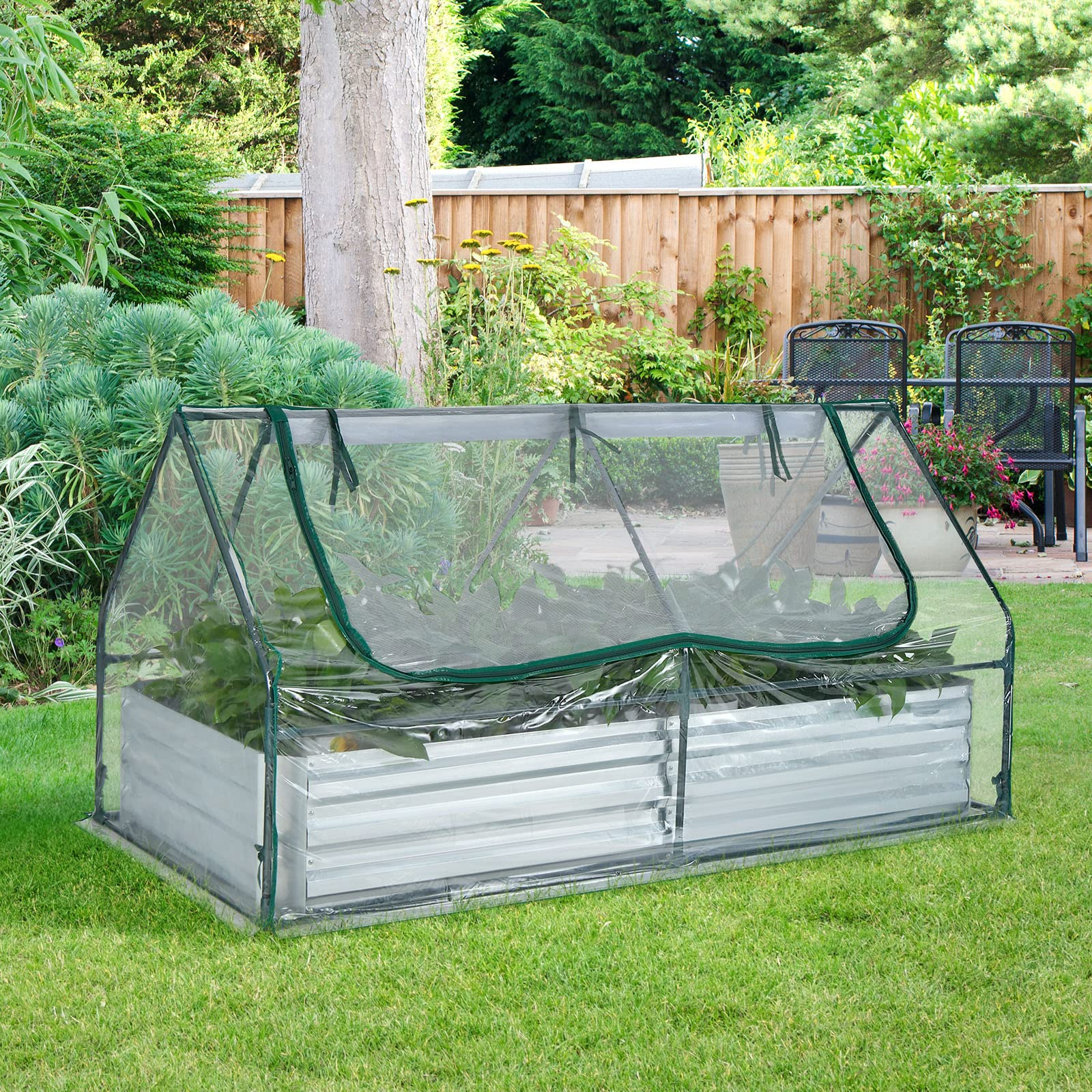 Giantex Galvanized Steel Raised Garden Bed with Mini Greenhouse, Outdoor Metal Planter Box Kit with Large Roll-up PVC Cover