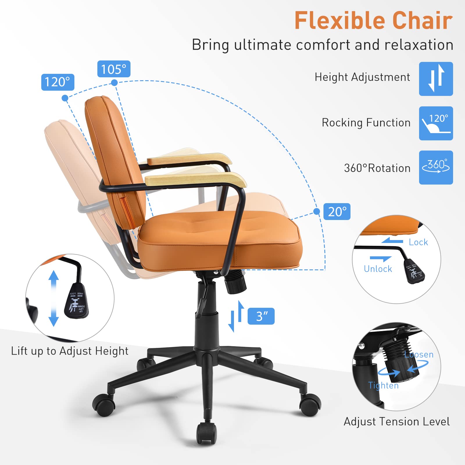 Giantex Home Office Chair, Height Adjustable PU Leather Desk Chair w/Rocking Backrest, Orange