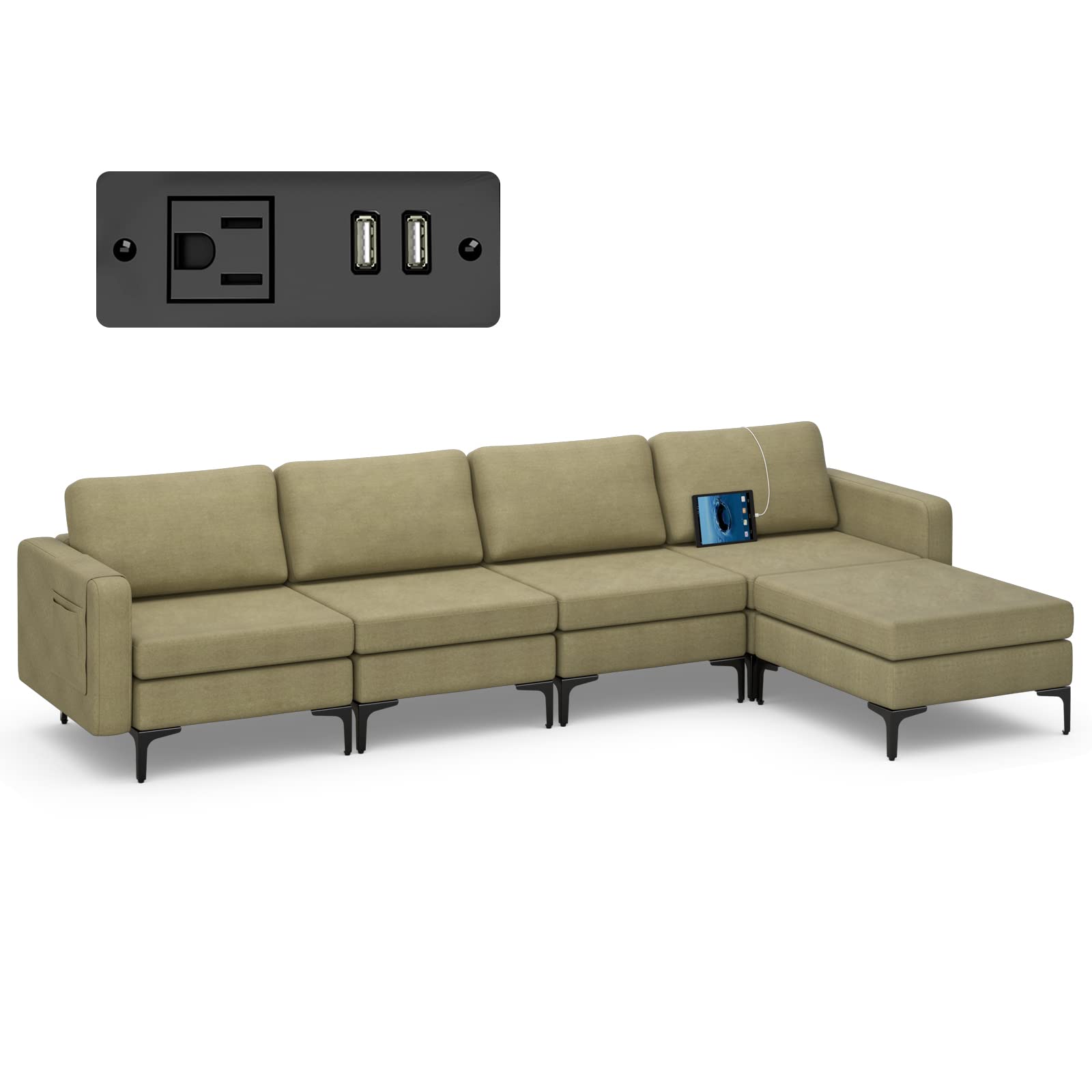 Giantex 4 Seat Convertible Sofa Couch, 123" L Sectional Sleeper with 2 or 1 USB Ports Socket