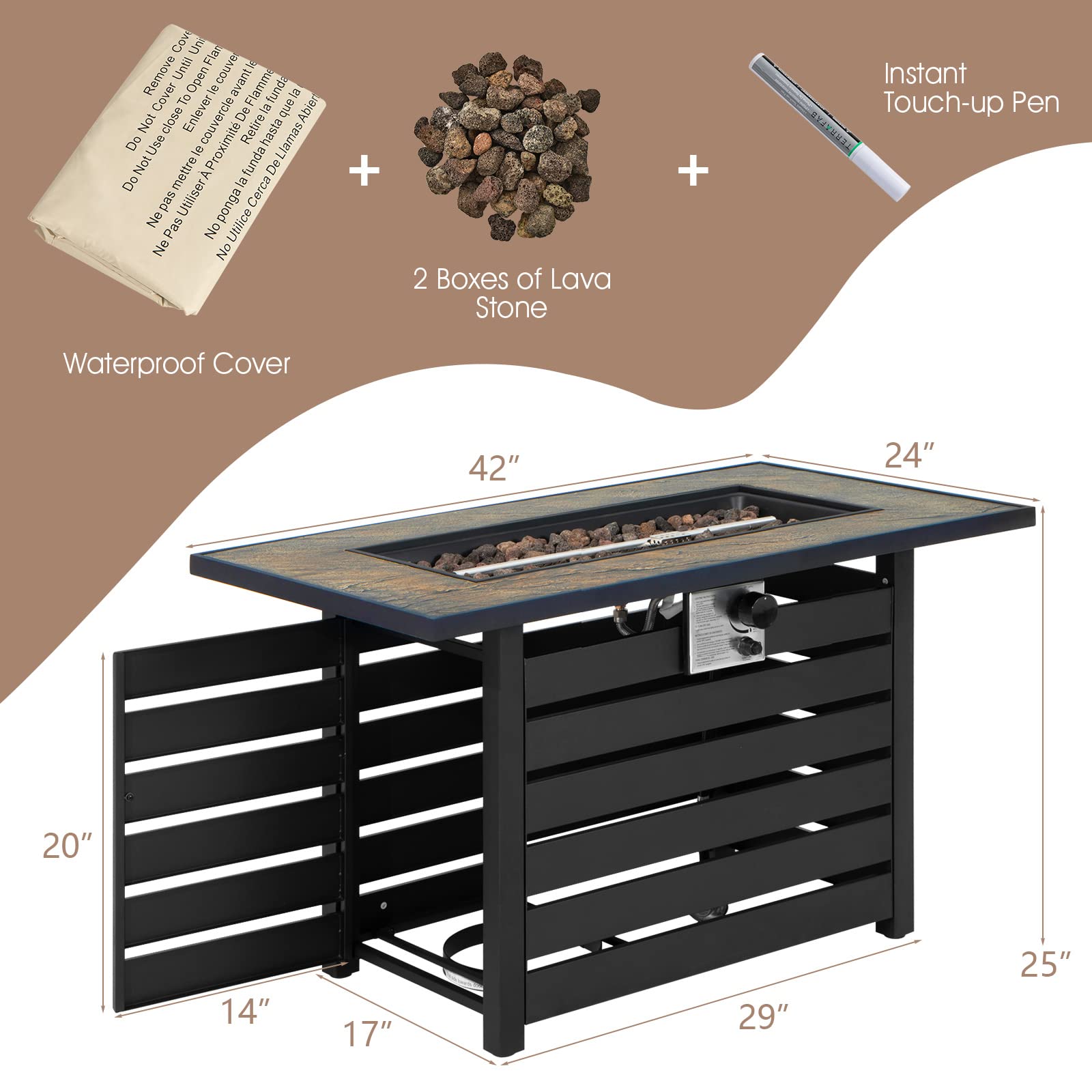 Giantex 42" Propane Fire Pit - 50,000 BTU Rectangular Outdoor Gas Firepit with Lid