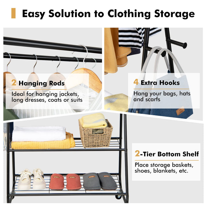 Giantex Metal Rolling Garment Rack, Clothing Rack with Wheels, Double Hanging Rods, 2 Shelves, 4 Hooks