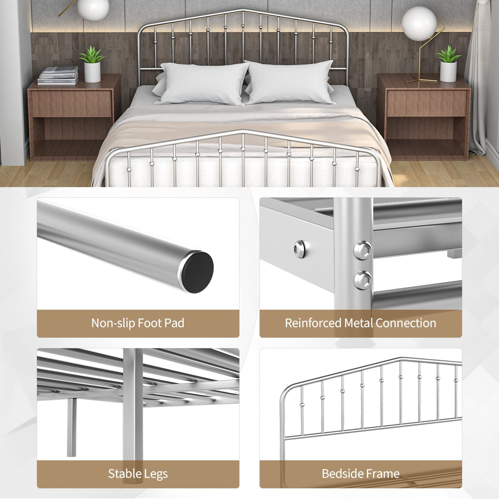 Metal Queen Bed Frame w/ Heavy Duty Steel Slat and 9-Leg Support