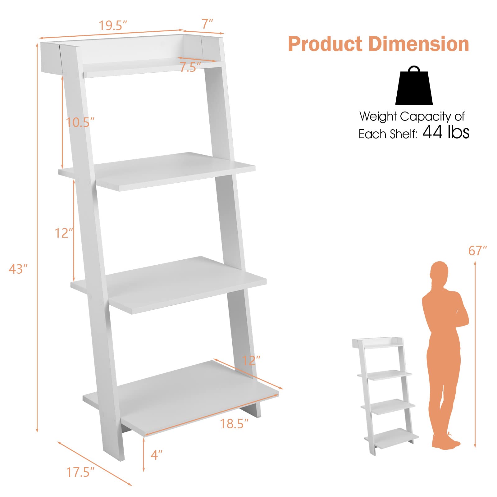 Giantex 4-Tier Wooden Ladder Shelf - Wall Leaning Storage Shelves with Anti-toppling Device