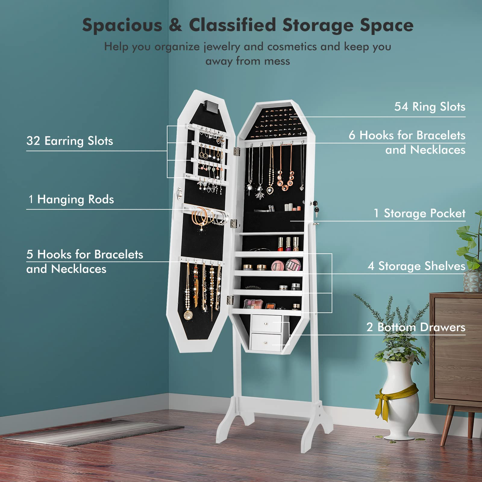 CHARMAID Jewelry Armoire with Full Length LED Mirror
