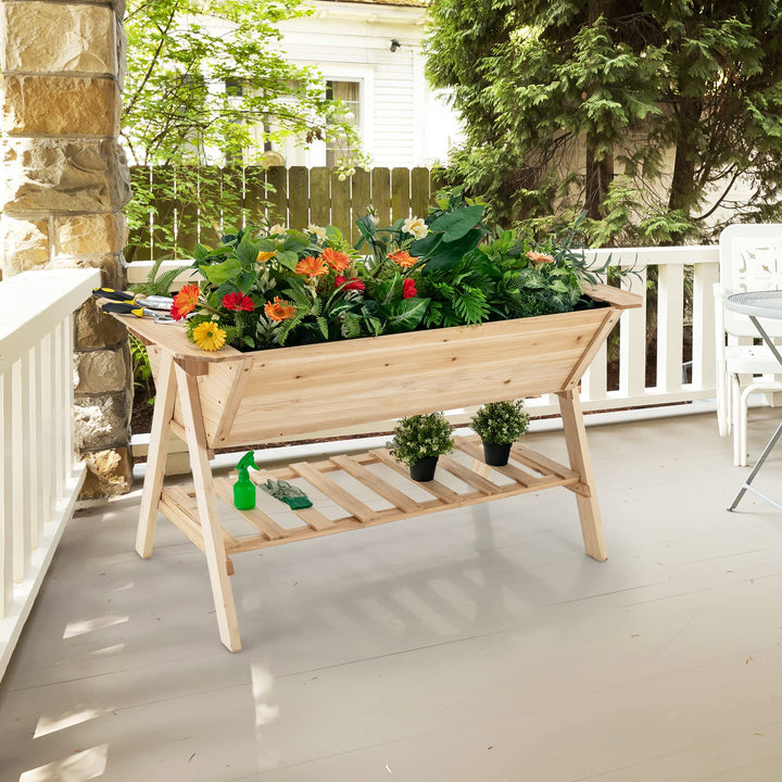 Giantex Plant Raised Bed 2 Tiers Garden Bed, Outdoor Fir Wood Plant Container with Storage Shelf
