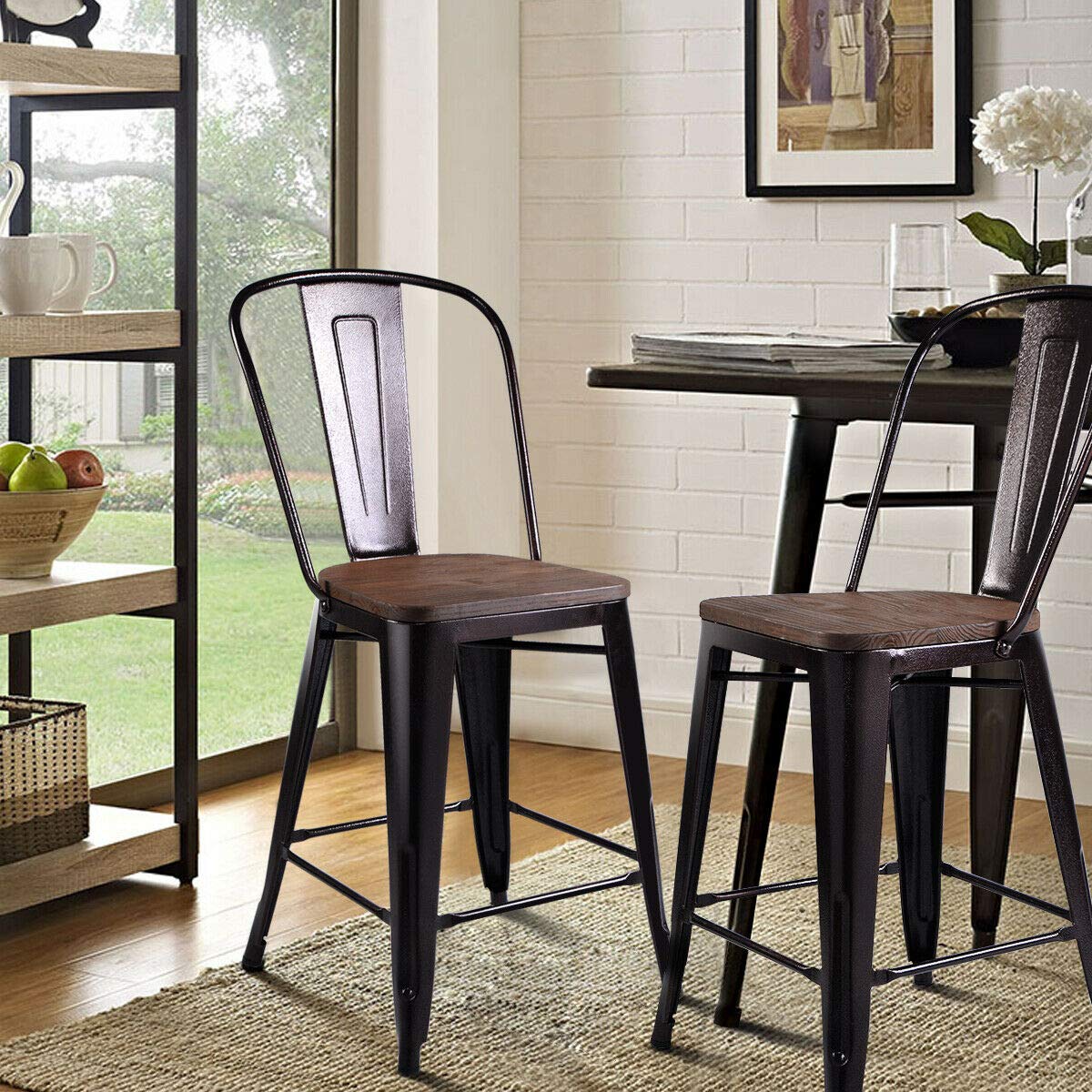 Giantex Tolix Style Dining Stools with Wood Seat and Backrest, Industrial Metal Counter Height Stool