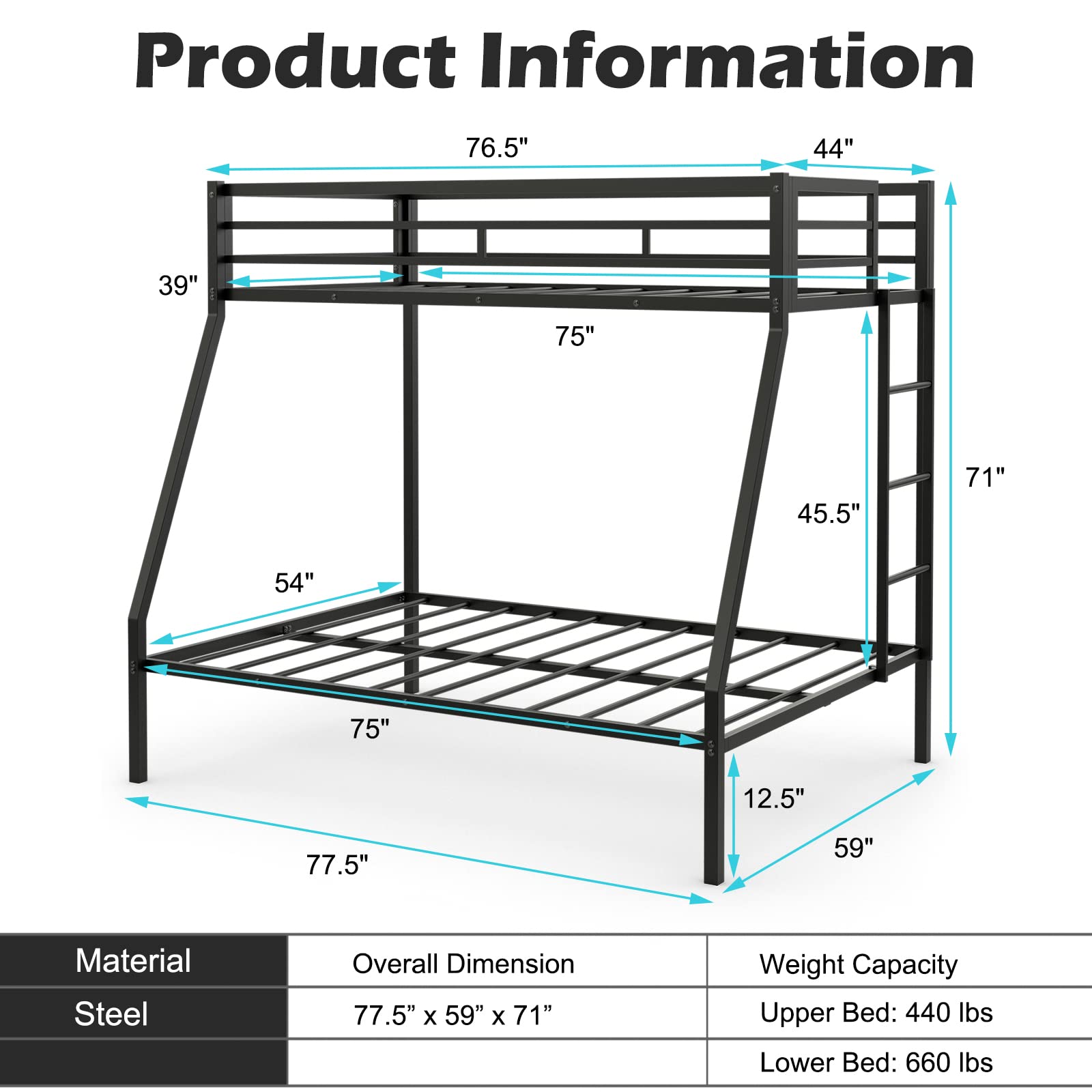 Giantex Metal Bunk Bed, Twin Over Full Size Bed w/ Removable Ladder & Steel Slats Support