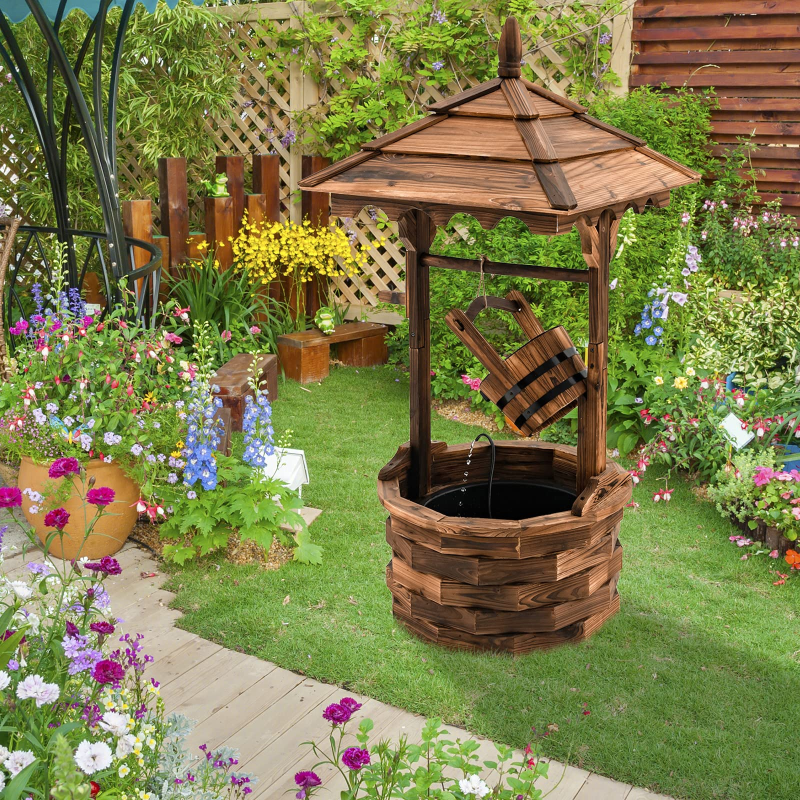 Giantex Rustic Wishing Well Fountain, Outdoor Wooden Water Fountain with Electric Pump