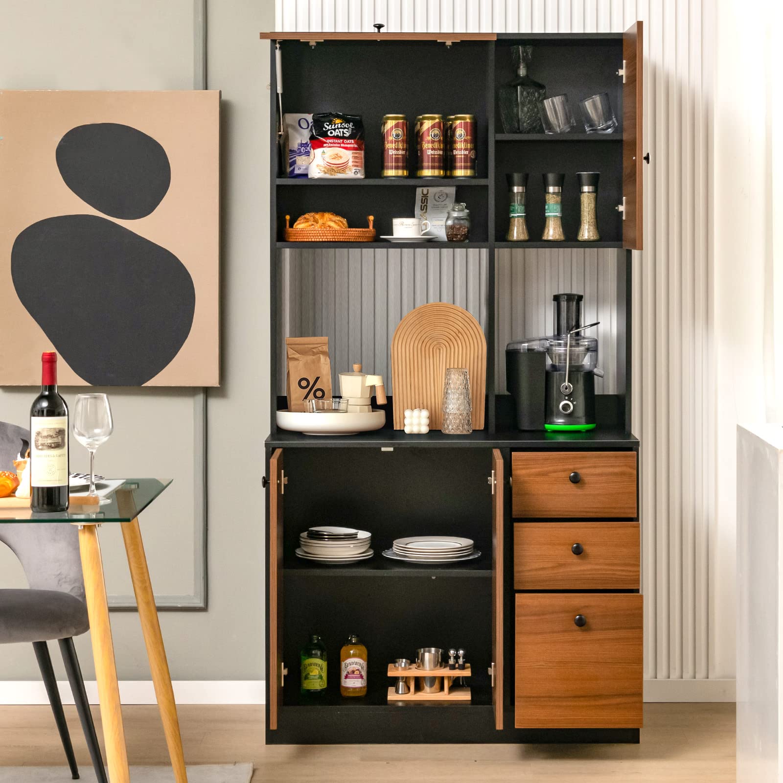 Giantex Kitchen Pantry, Buffet Hutch with 3 Storage Cabinet, 71'' Floor Large Cupboard with 3 Deep Drawers (Walnut & Black)