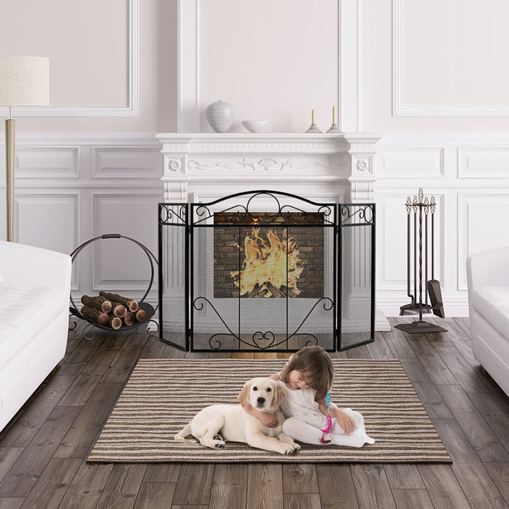 Giantex Foldable 3-Panel Fireplace Screen Black - 50x29 Inch No Assembly Required Freestanding Steel Mesh Fire Screen