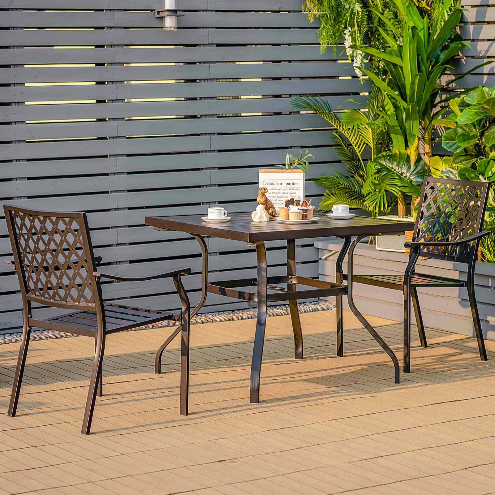Giantex 3 Pieces Outdoor Dining Set, Patio Table & 2 Stackable Chairs, Outside Dining Furniture