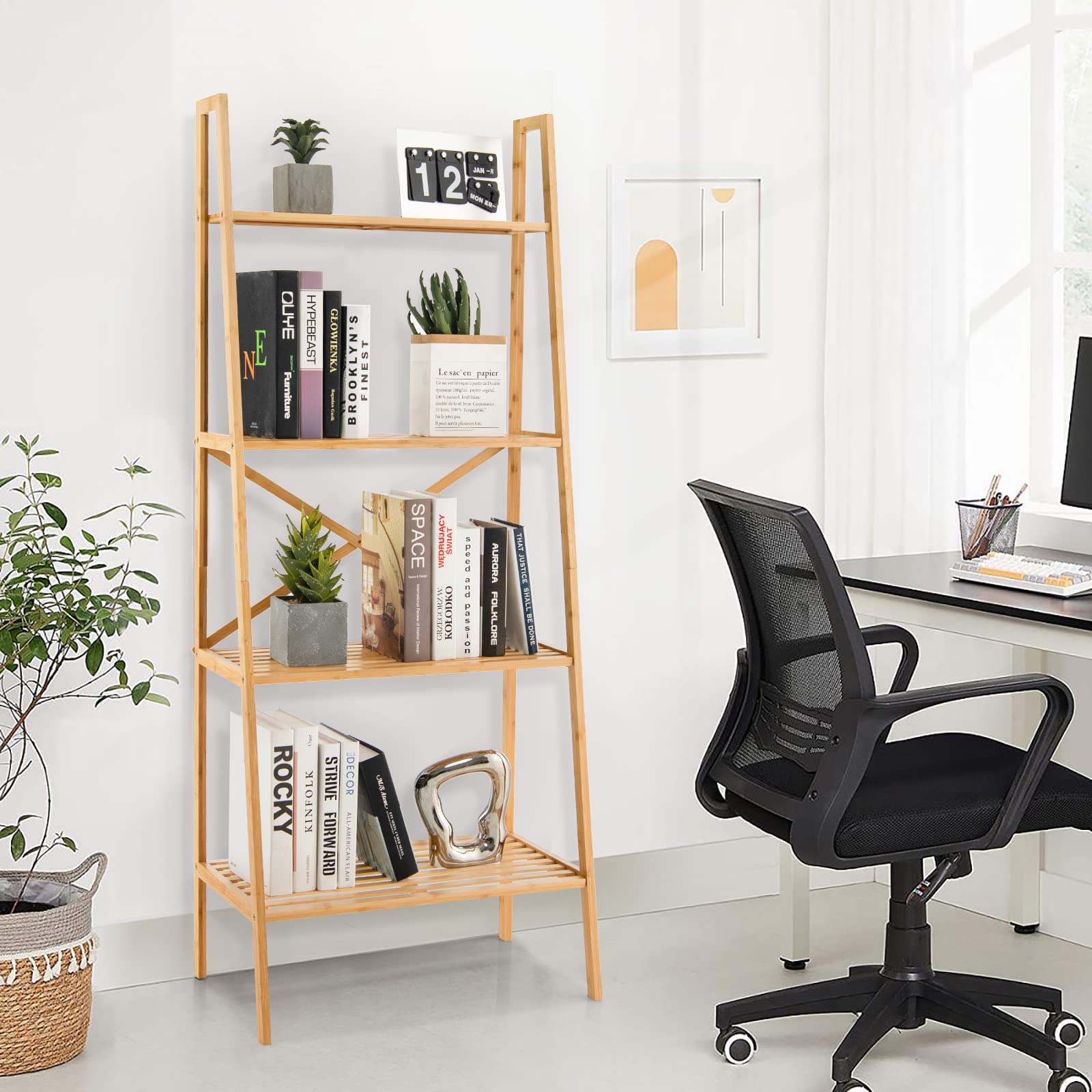 Giantex 4-Tier Bamboo Bookshelf, Multifunctional Storage Display Rack Shelves with Anti-Tipping Device