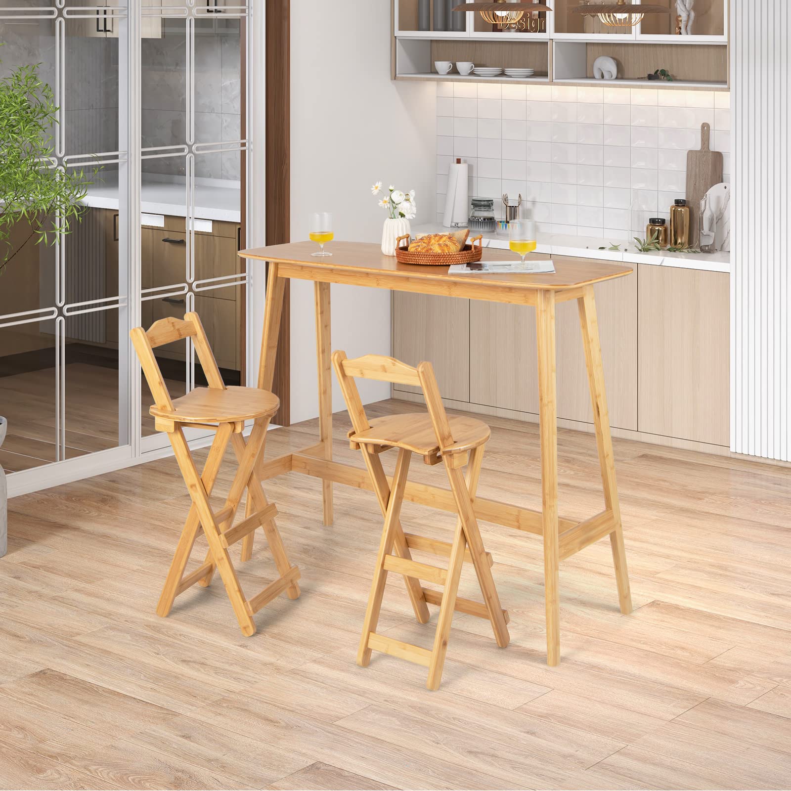 Folding Bamboo Bar Stools 24” Kitchen Counter Height Stool with Backrest & Footrest