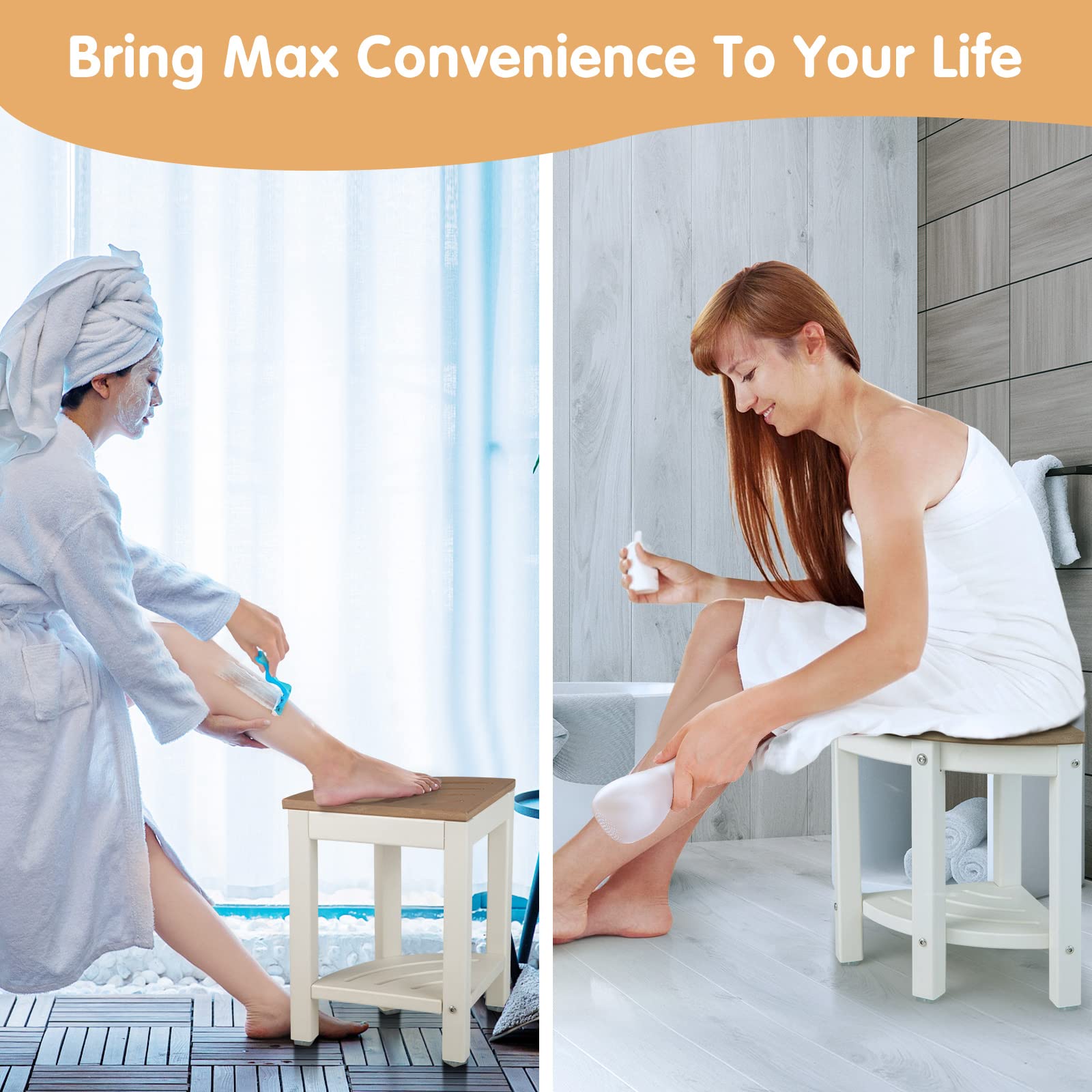 Giantex Corner Shower Stool Waterproof - HDPE Shower Bench Seat with Storage Shelf