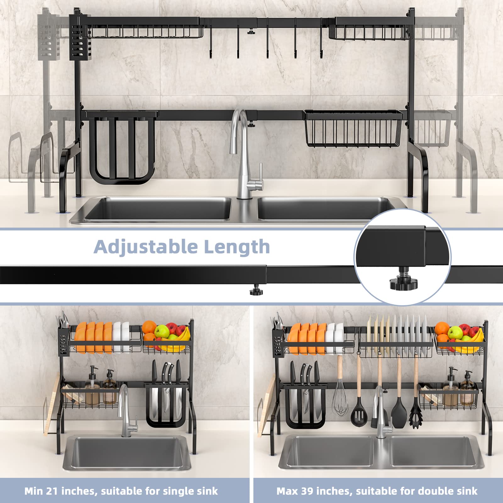 Over Sink Dish Drying Rack, Large Dish Rack with Adjustable  Length(29.5-33.7in) and Height(19.25-21.7in), 2 Tier Above Sink Expandable  Stainless Steel Dish Drainer for Kitchen Counter with 6 Hooks 