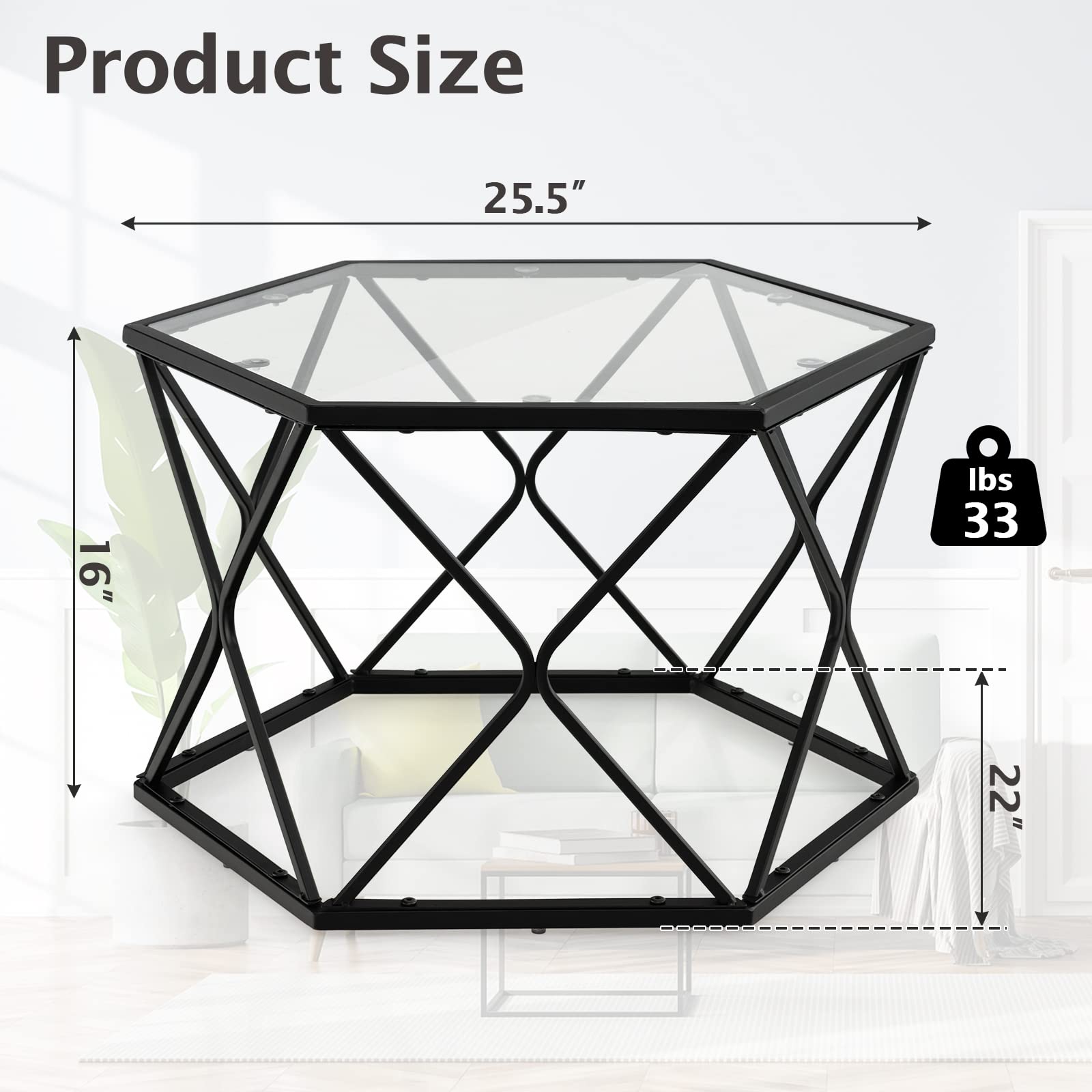 Giantex Hexagonal Glass Coffee Table, End Table w/Tempered Glass Top & Sturdy Metal Legs