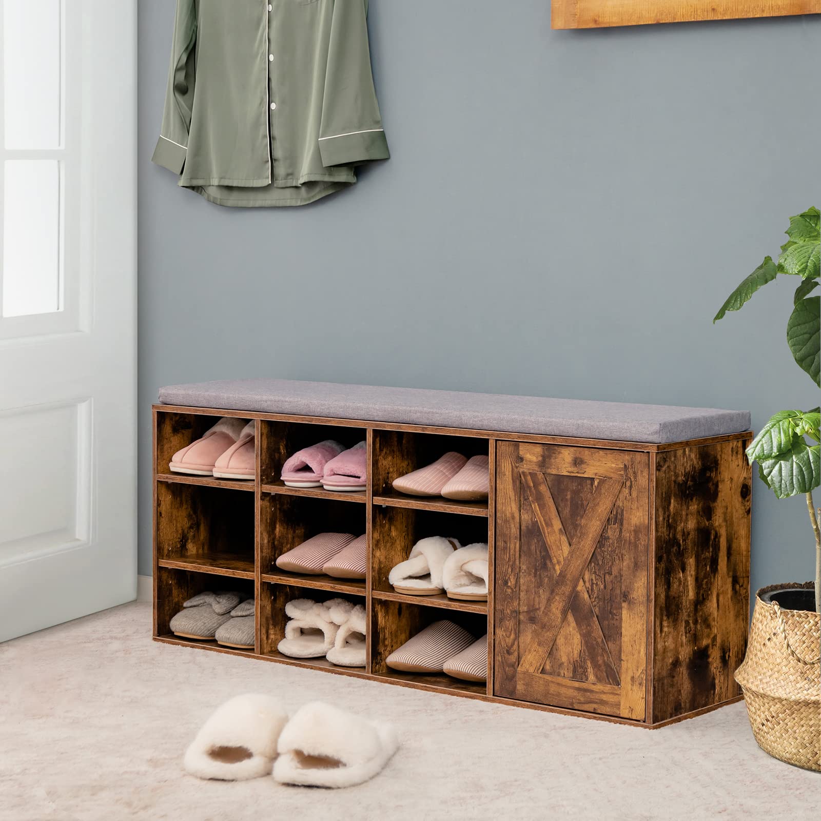 Giantex Shoe Bench, 3 Tier 9 Cubes Storage Bench with Adjustable Shelves (Rustic Brown)