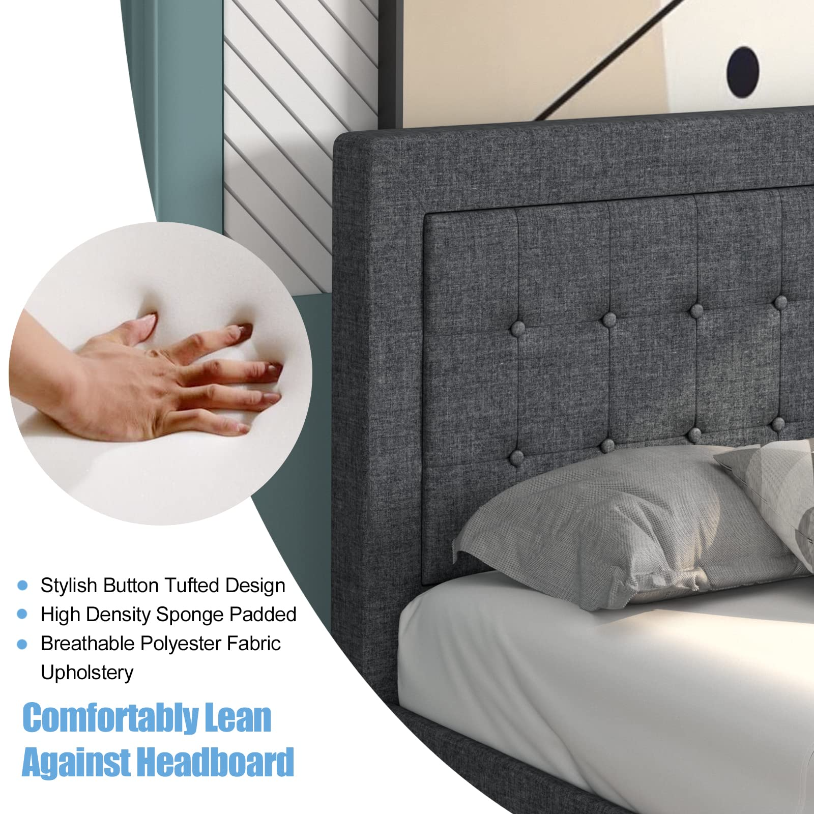 Modern Platform Bed w/Button Tufted Headboard | Upholstered Bed Frame