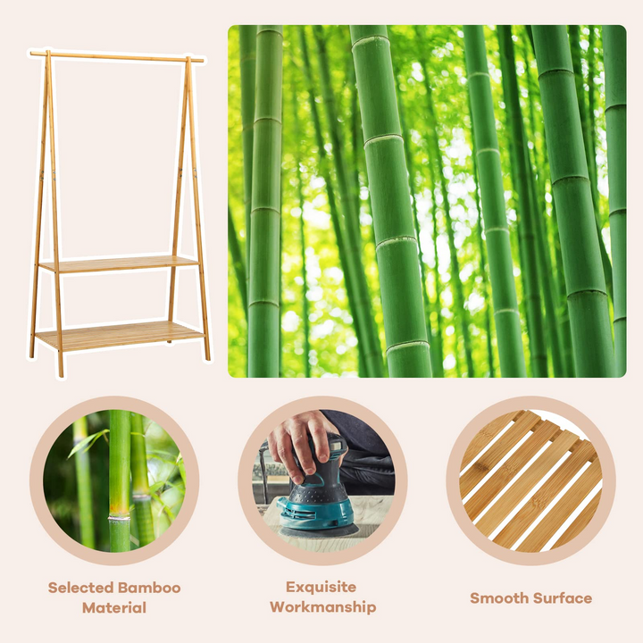 2-Tier 5.3Ft 100% Bamboo Garment Rack with Top Hanging Rod and Bottom Storage Shelves