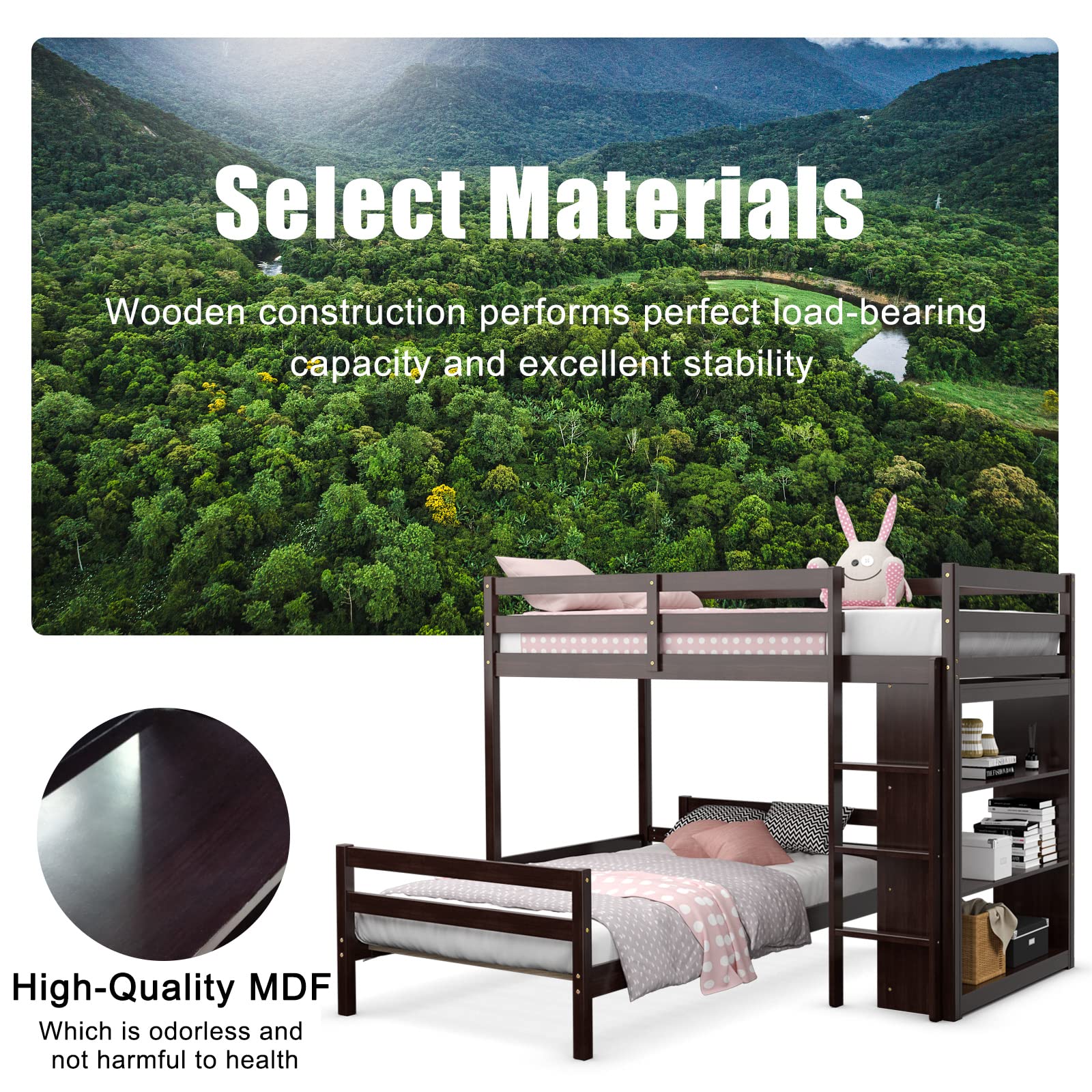Giantex Twin Over Twin Loft Bed w/ Bookcase, Bunk Bed w/ 12.5" Full-Length Guardrail & Ladder