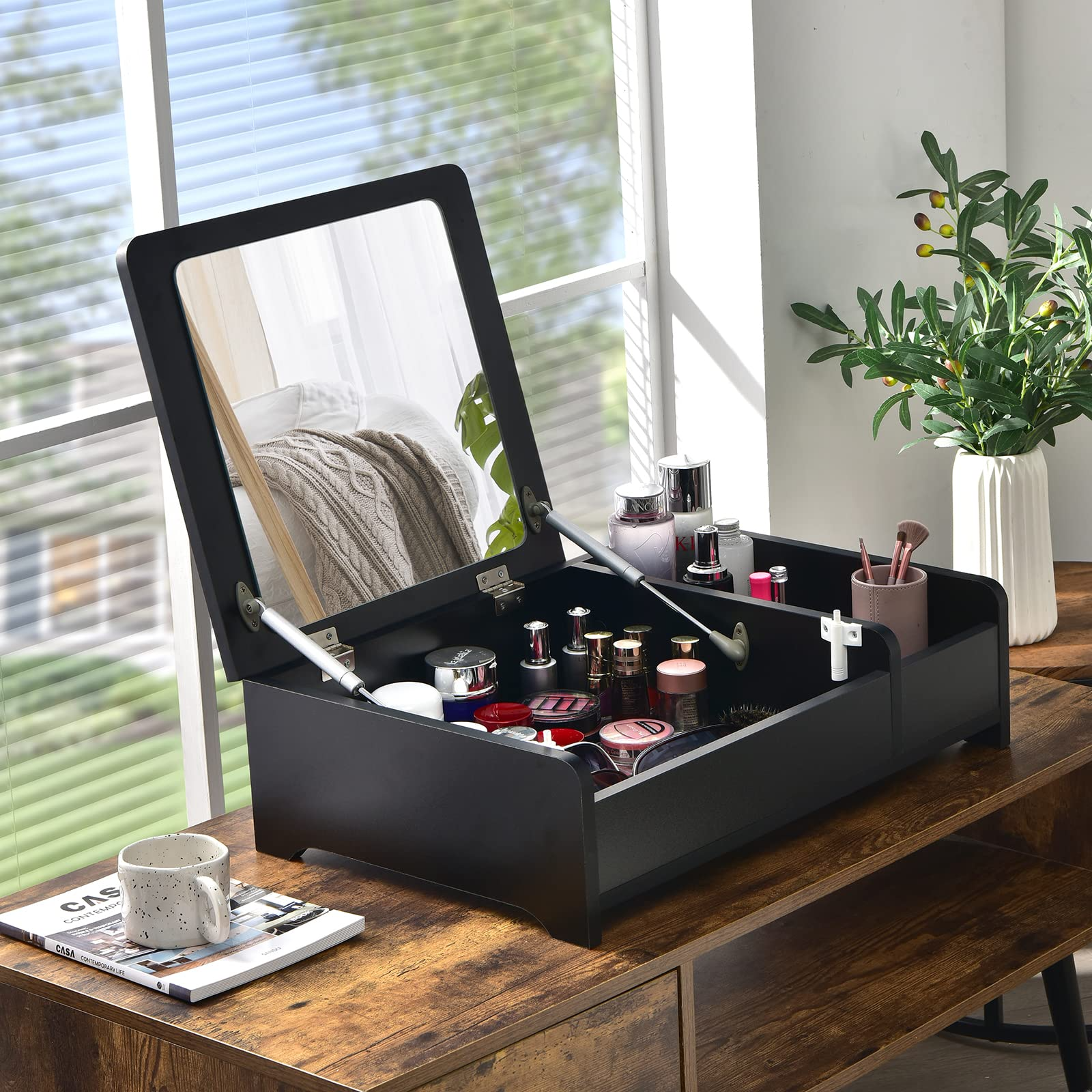 Countertop Vanity with Flip Top Mirror, 24inch Tabletop Laptop Desk with 2 Compartments Organizer