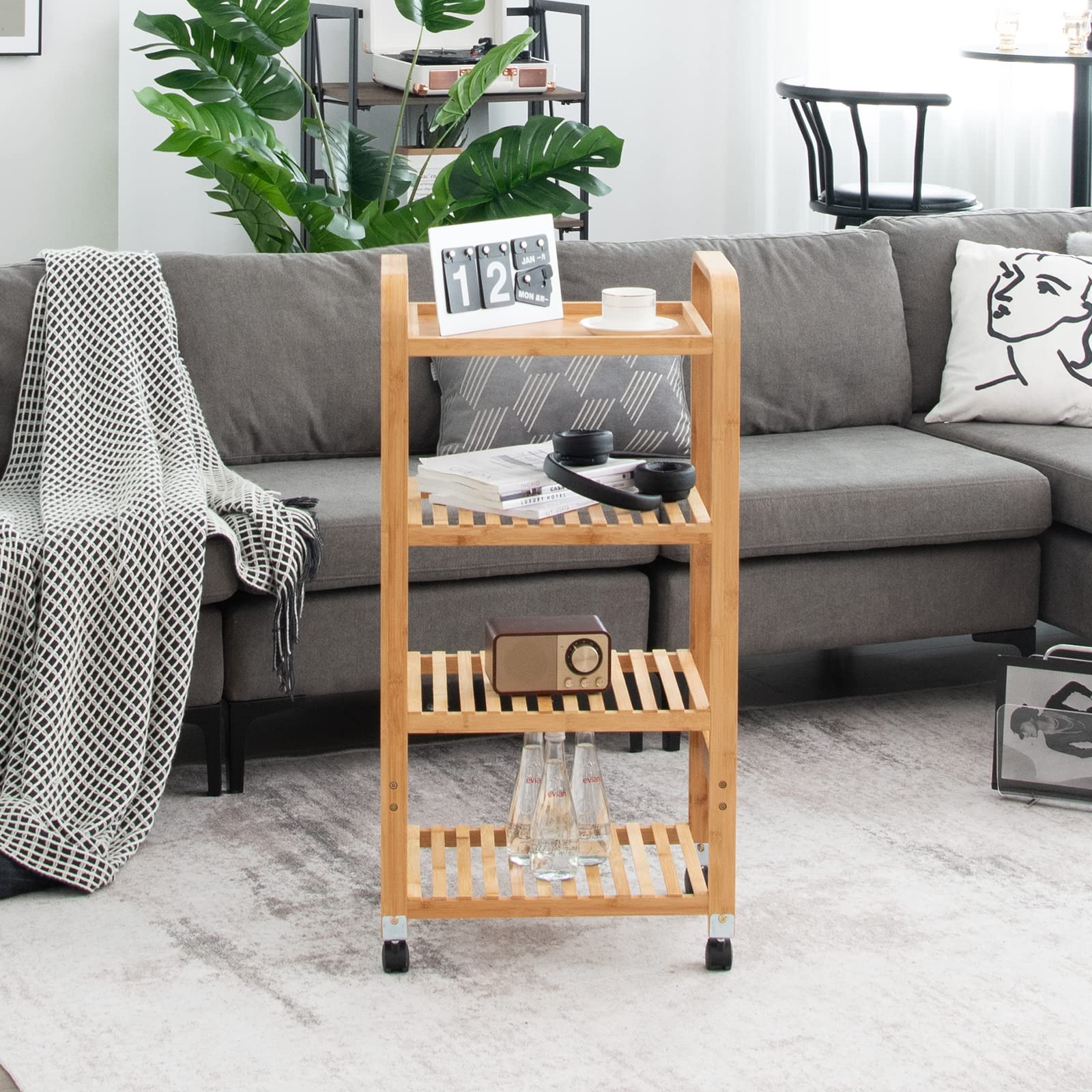 Giantex 4-Tier Bamboo Storage Cart, Rolling Utility Cart, Storage Rack on Wheels