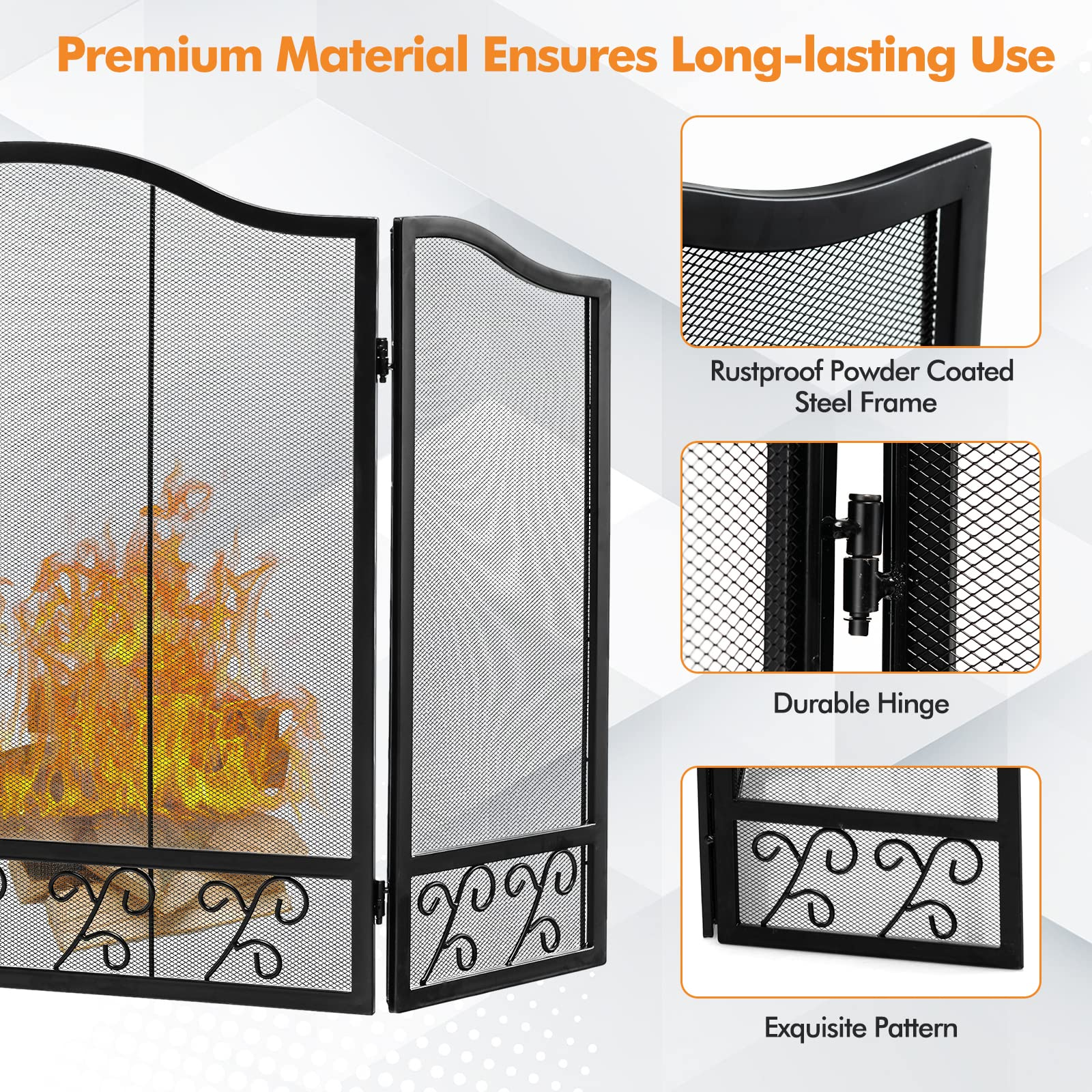 Giantex 3-Panel Folding Fireplace Screen Black - 50 x 31 Inch No Assembly Required Decorative Freestanding Steel Mesh Fire Screen
