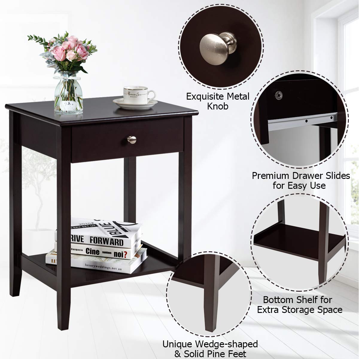 Nightstand Wooden 2-Tier Couch Sofa Side Table with Drawer, End Table