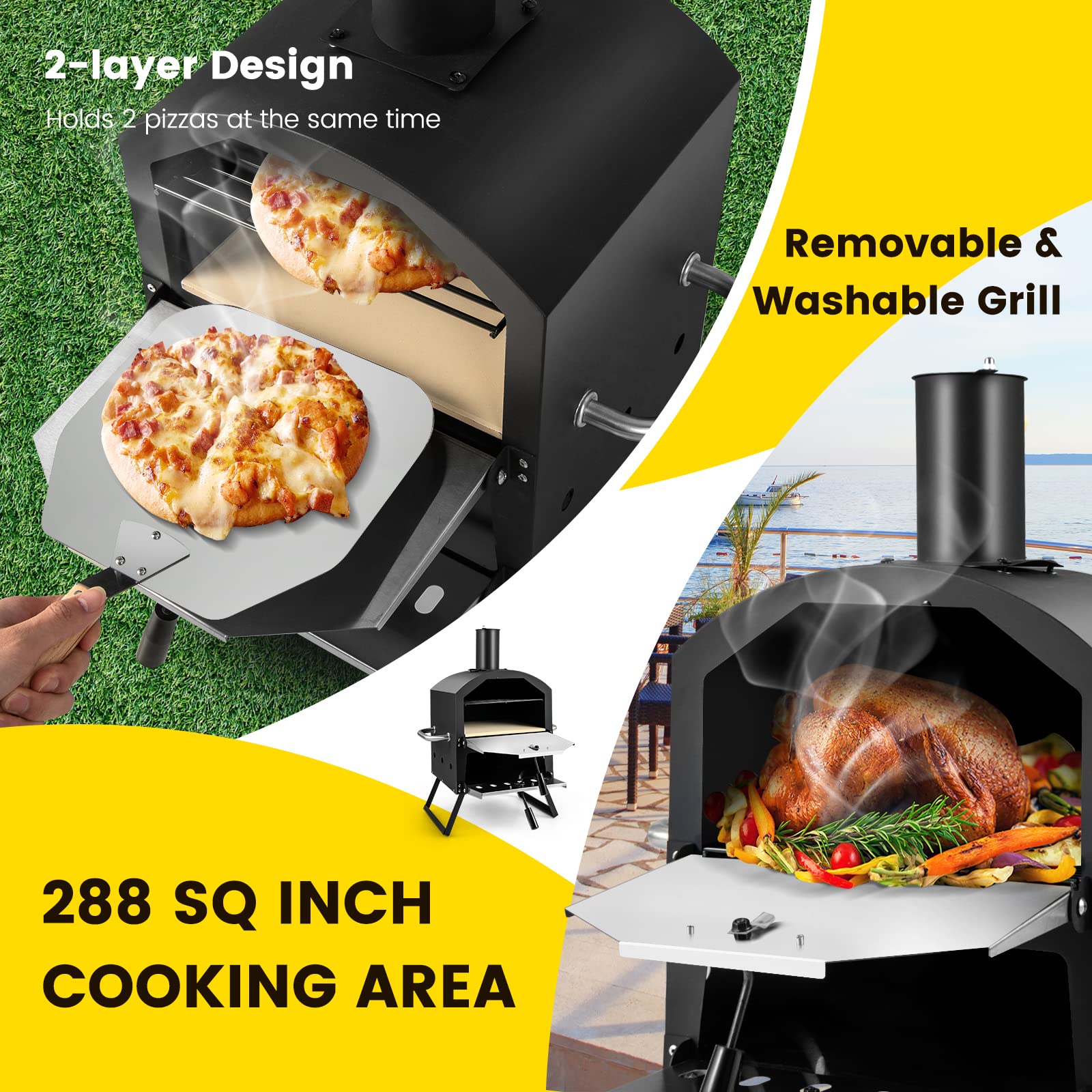 Giantex Outdoor Pizza Oven Wood Fired, 2-Layer Pizza Maker with Pizza Stone, Pizza Peel (Black)