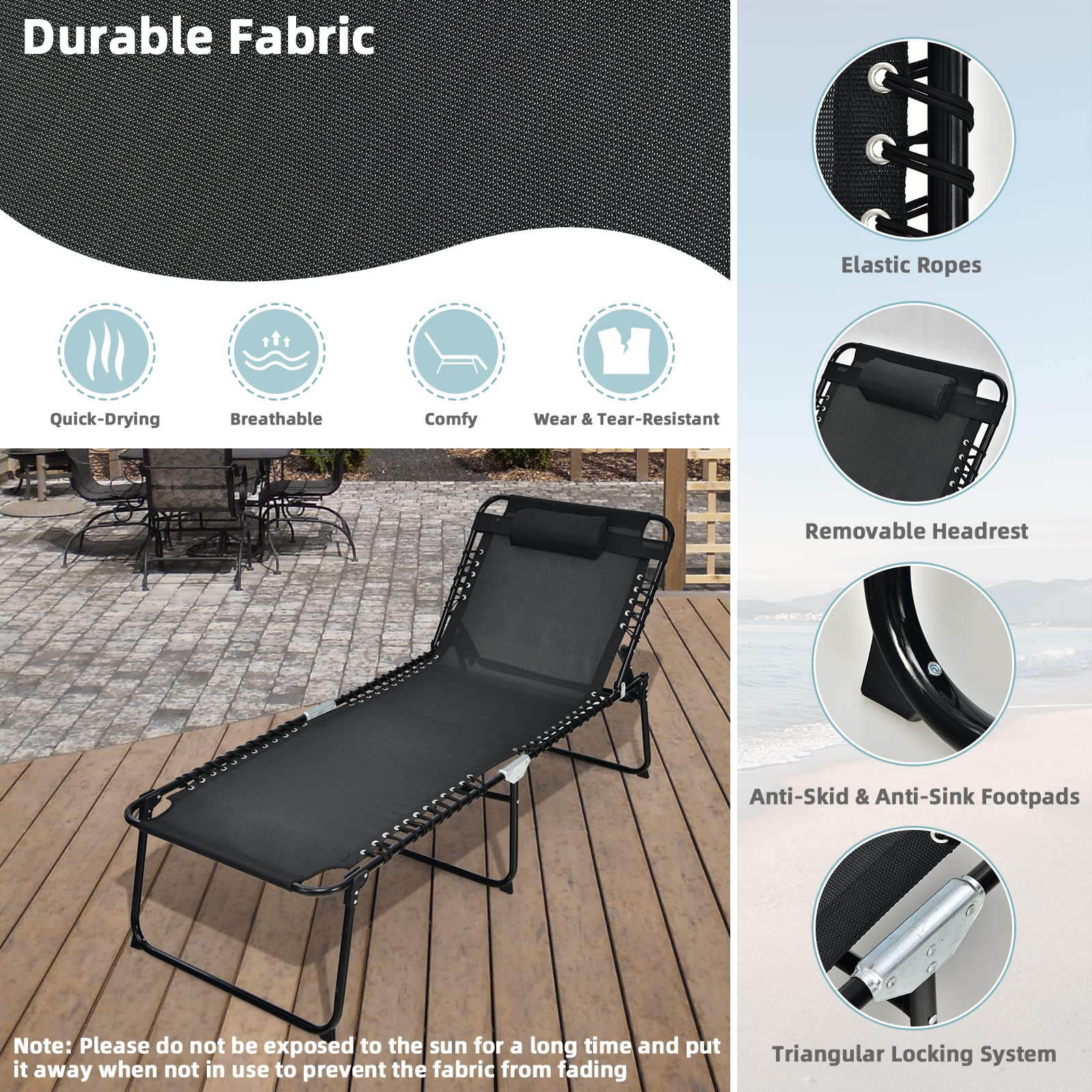 Giantex Patio Lounge Chair Folding Tanning Chair, Sunbathing Chaise Lounge W/Removable Headrest