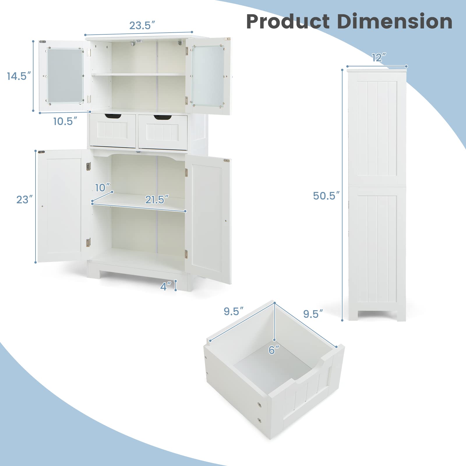 Giantex Floor Storage Cabinet, Freestanding Bathroom Cabinet with 2 Glass Doors, 2 Drawers & Adjustable Shelves, White