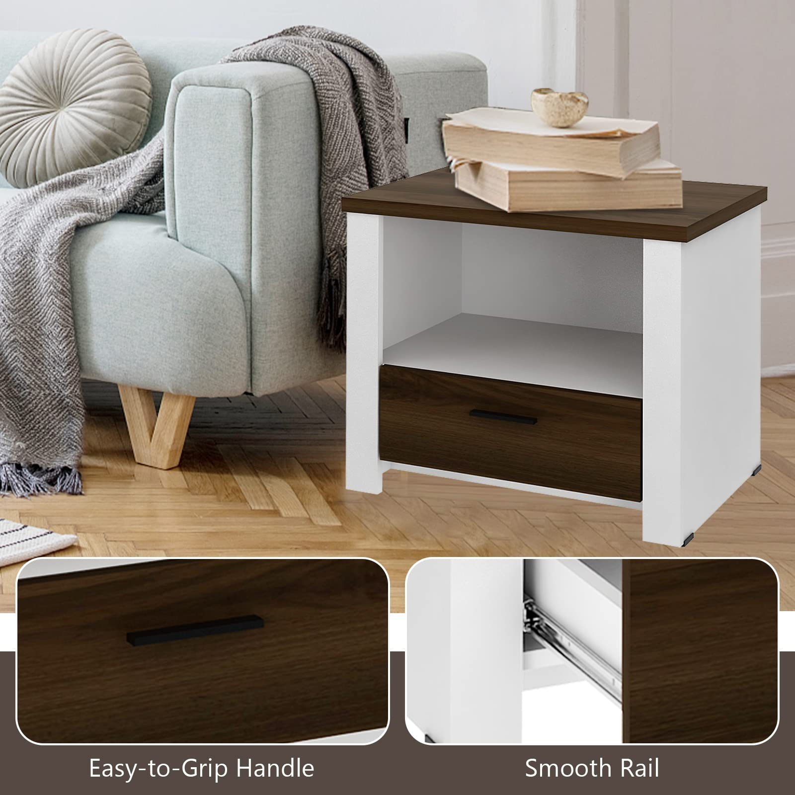 Giantex Nightstand, End Table with Glide Sliding Drawer & Open Cabinet, Modern Sofa Side Table for Living Room