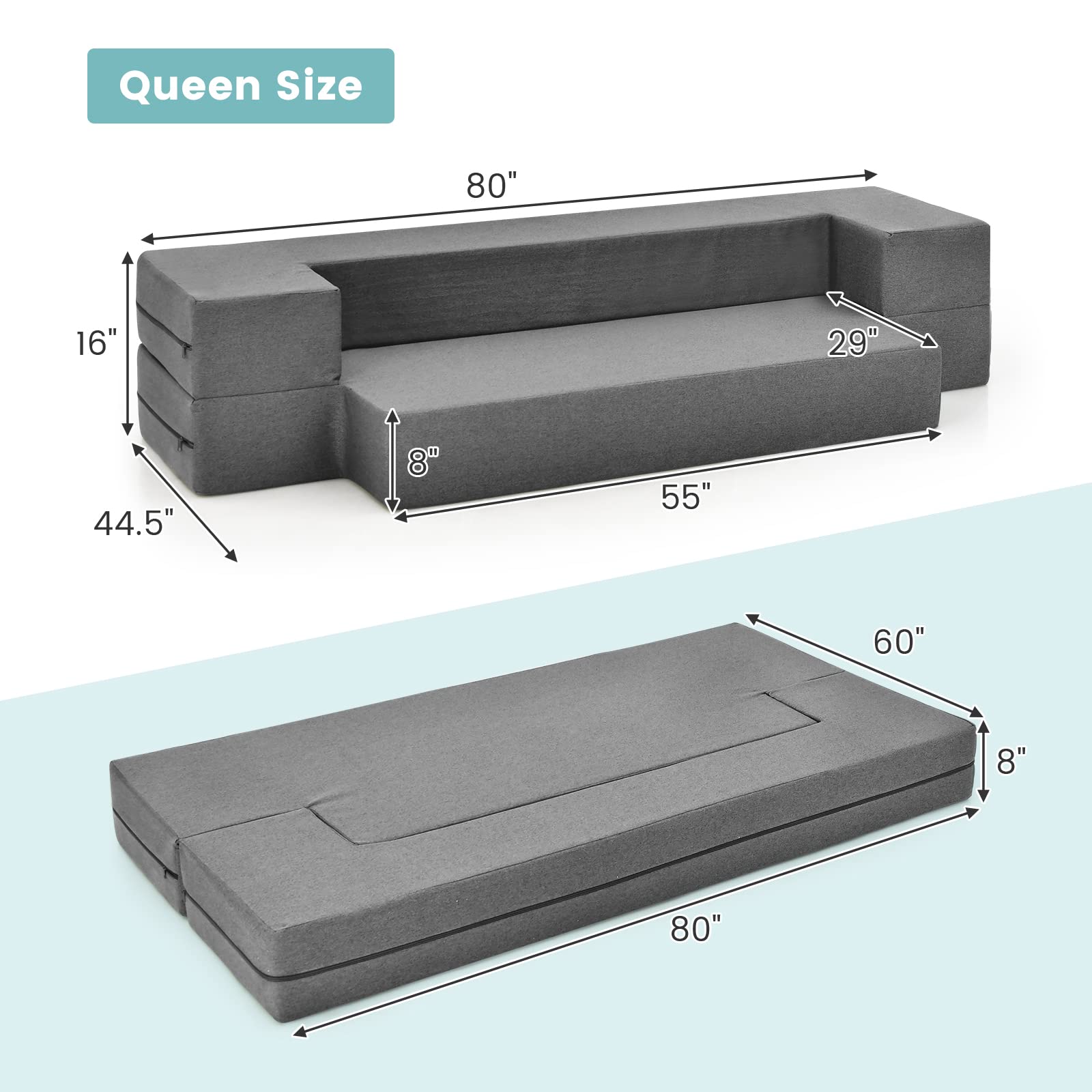 60 Fold Sofa Bed Couch Memory Foam Futon Sleeper Chair Guest Bed Queen  Gray