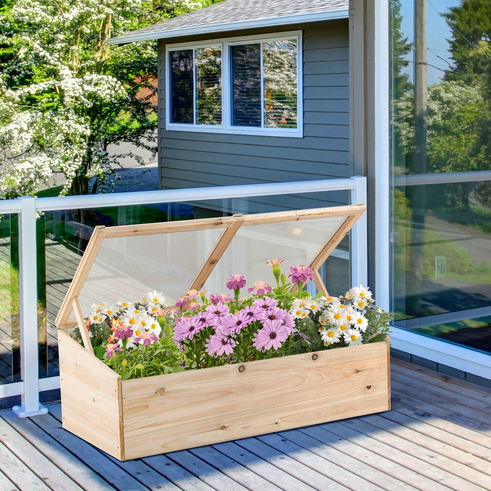 Giantex Wood Cold Frame, Mini Garden Greenhouse, Transparent Flip Top Lid(Farmhouse)
