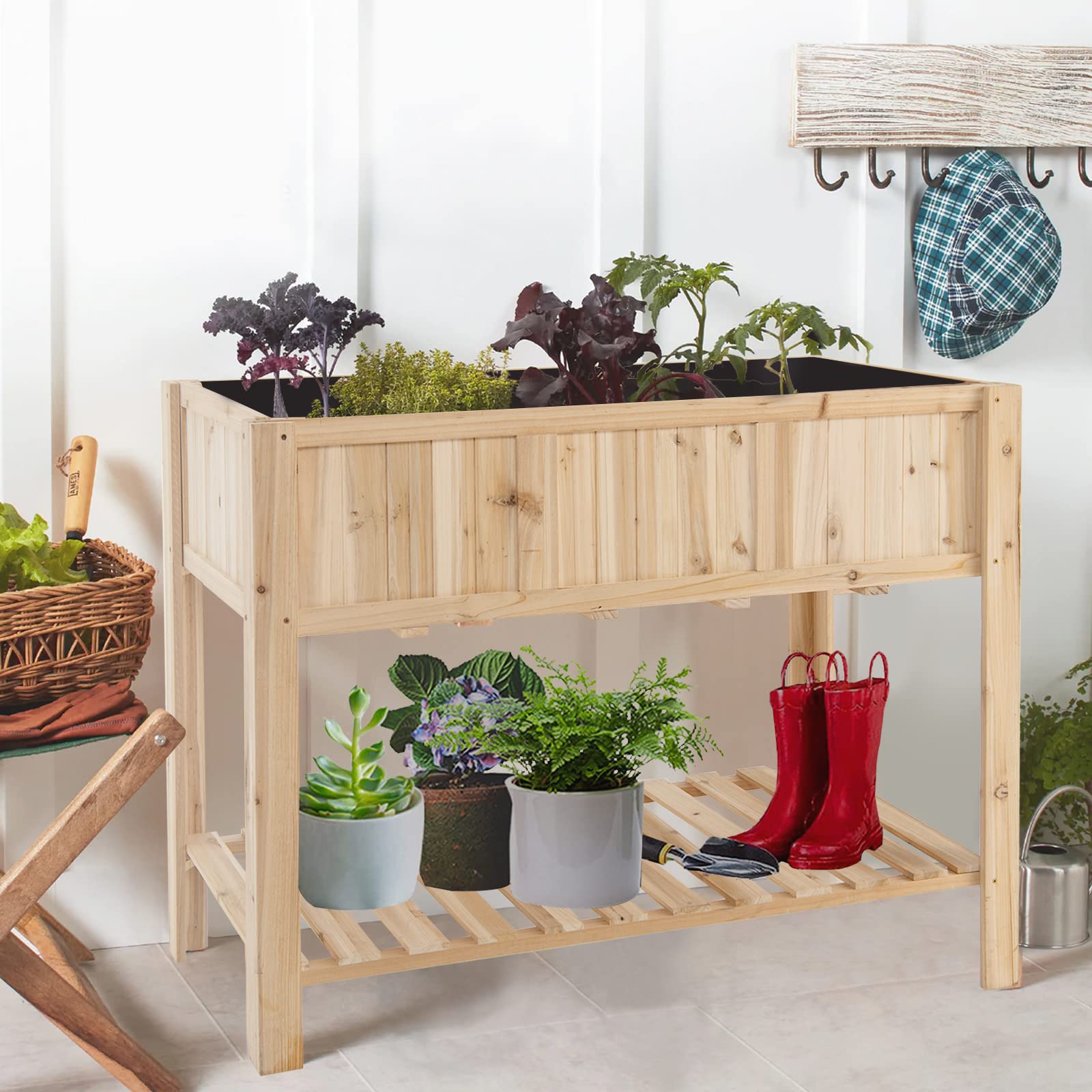 Giantex Raised Garden Bed, Wooden Planter, Black Liner