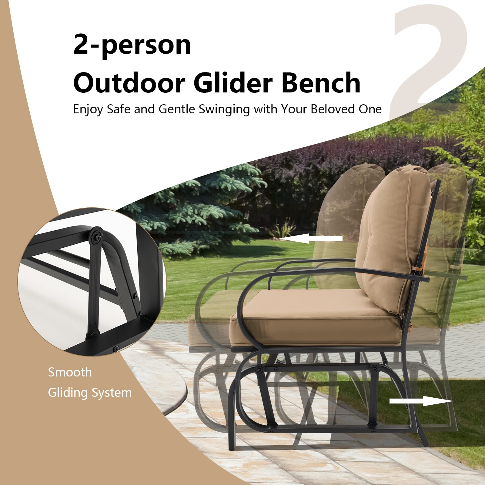 Giantex 2 Seats Glider Bench for Outside, Patio Glider Porch Loveseat w/Cushions & Powder Coated Steel Frame