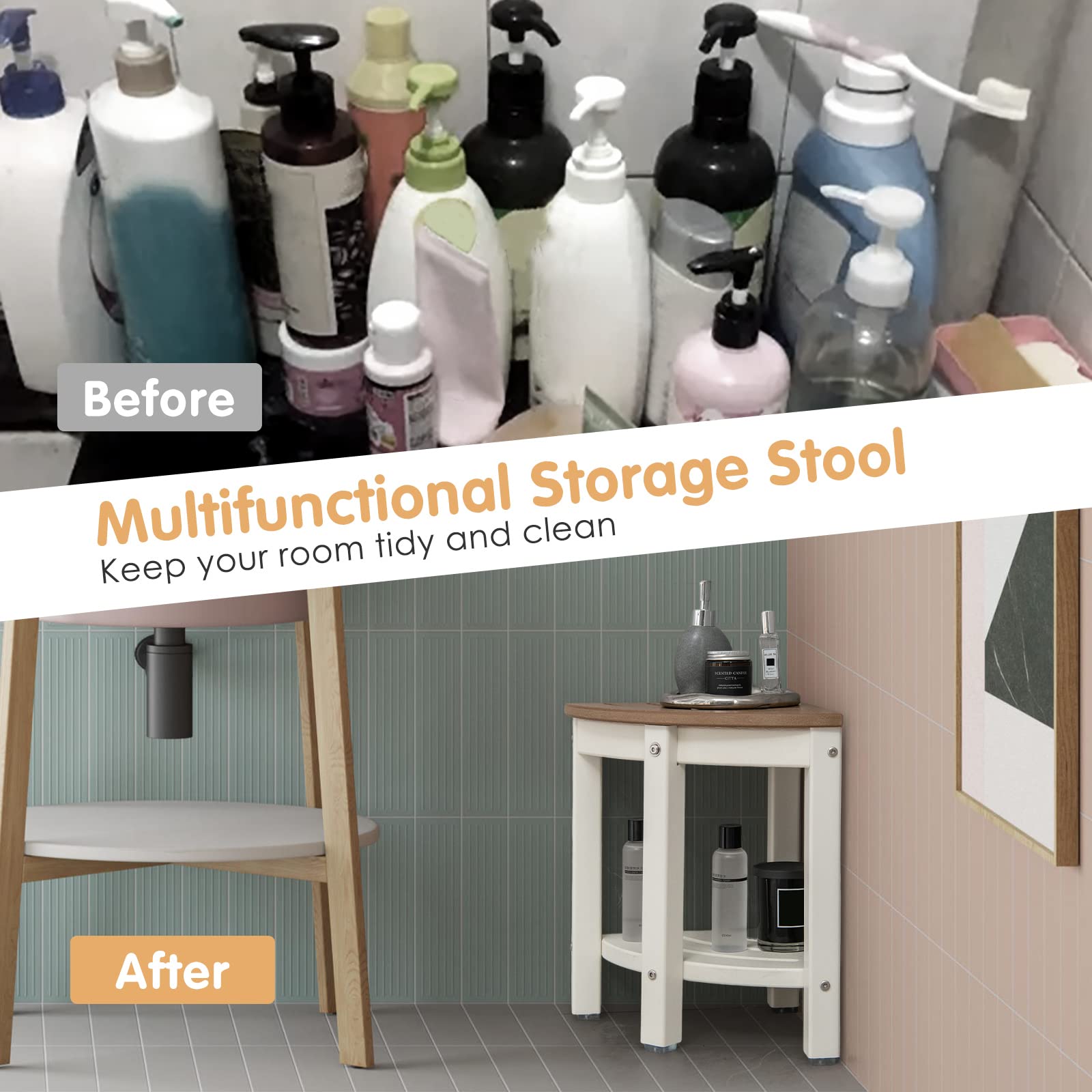 Giantex Corner Shower Stool Waterproof - HDPE Shower Bench Seat with Storage Shelf
