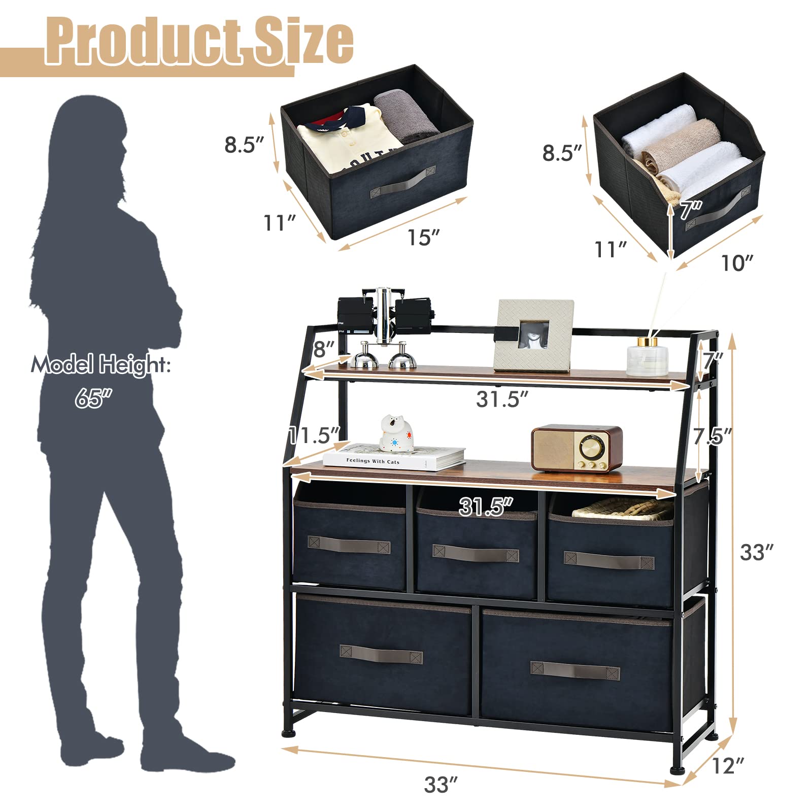 Giantex 5-Drawer Storage Dresser Organizer - Drawer Unit with Top Shelf, Anti-Toppling Design
