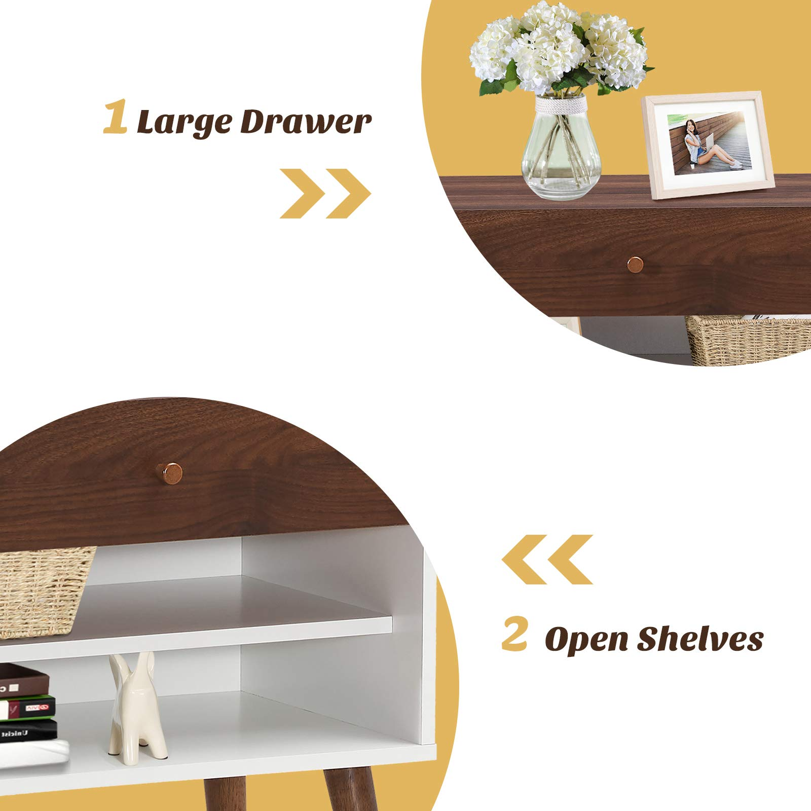 Nightstand with Drawer and Storage Shelves & Rubber Wood Legs, Brown&White