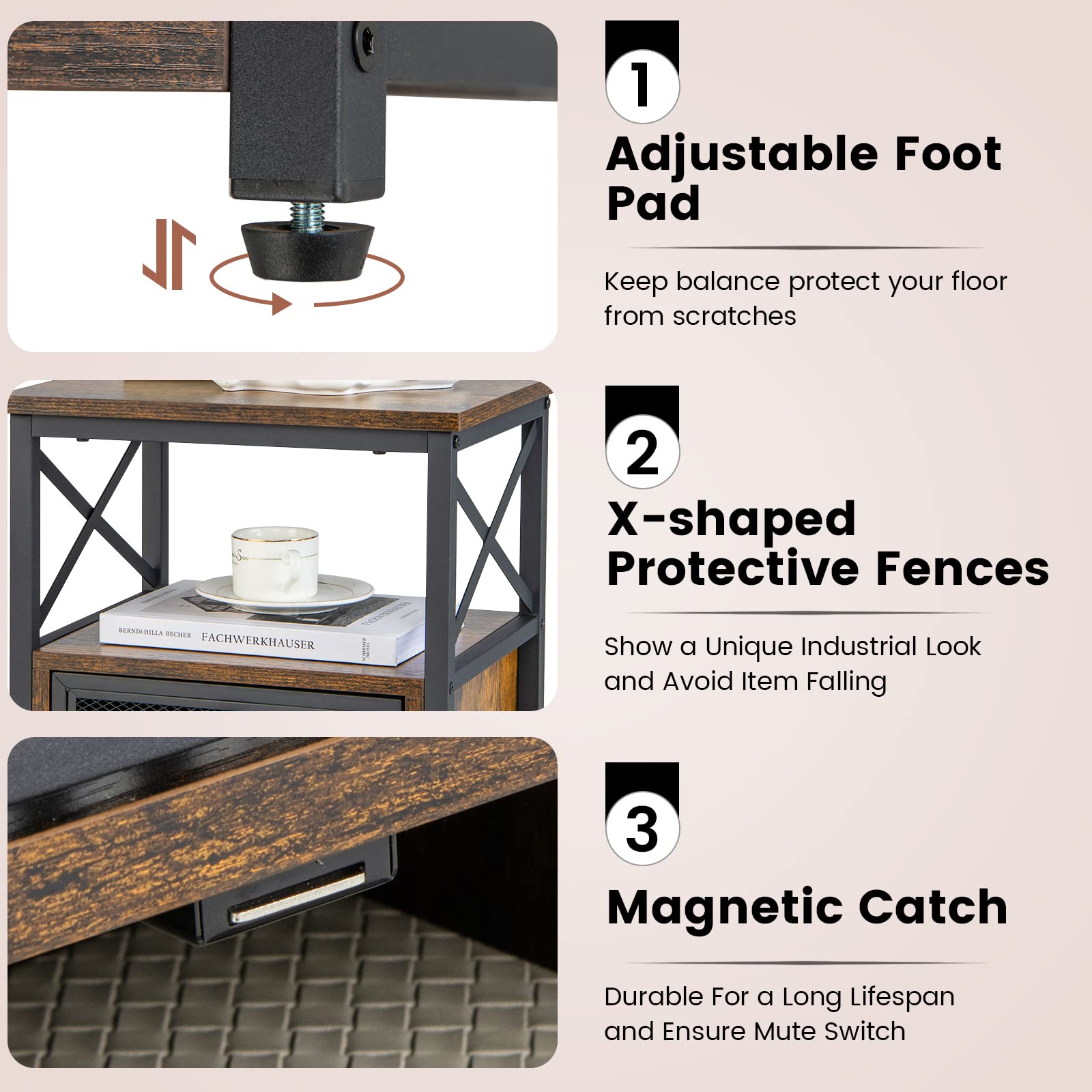 Giantex Modern Nightstand Set of 2, Industrial End Side Table with 2 Mesh Flip Drawers,Rustic Brown