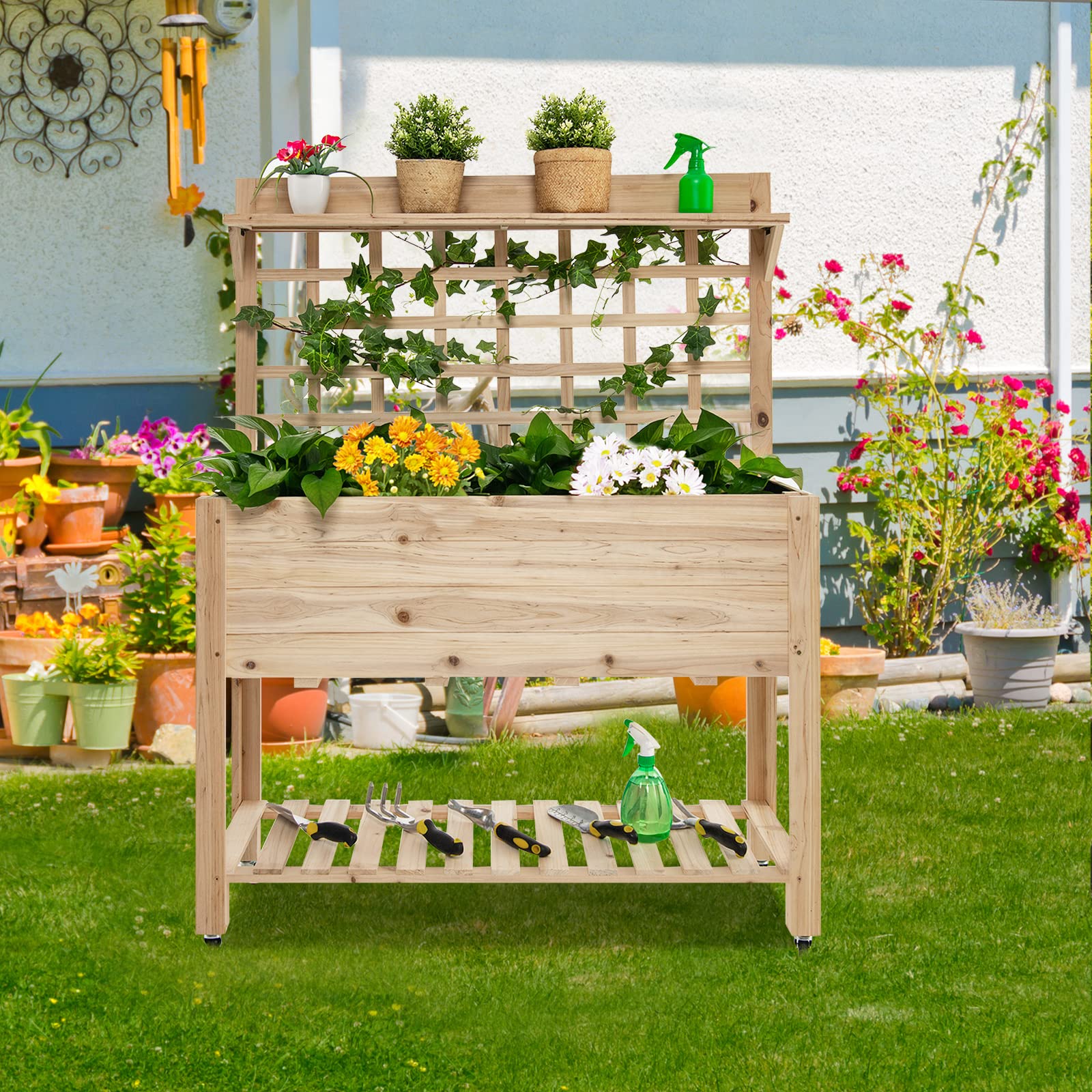 Giantex Raised Garden Bed on Wheels, Wood Planter with Trellis, Black Liner Storage Shelf