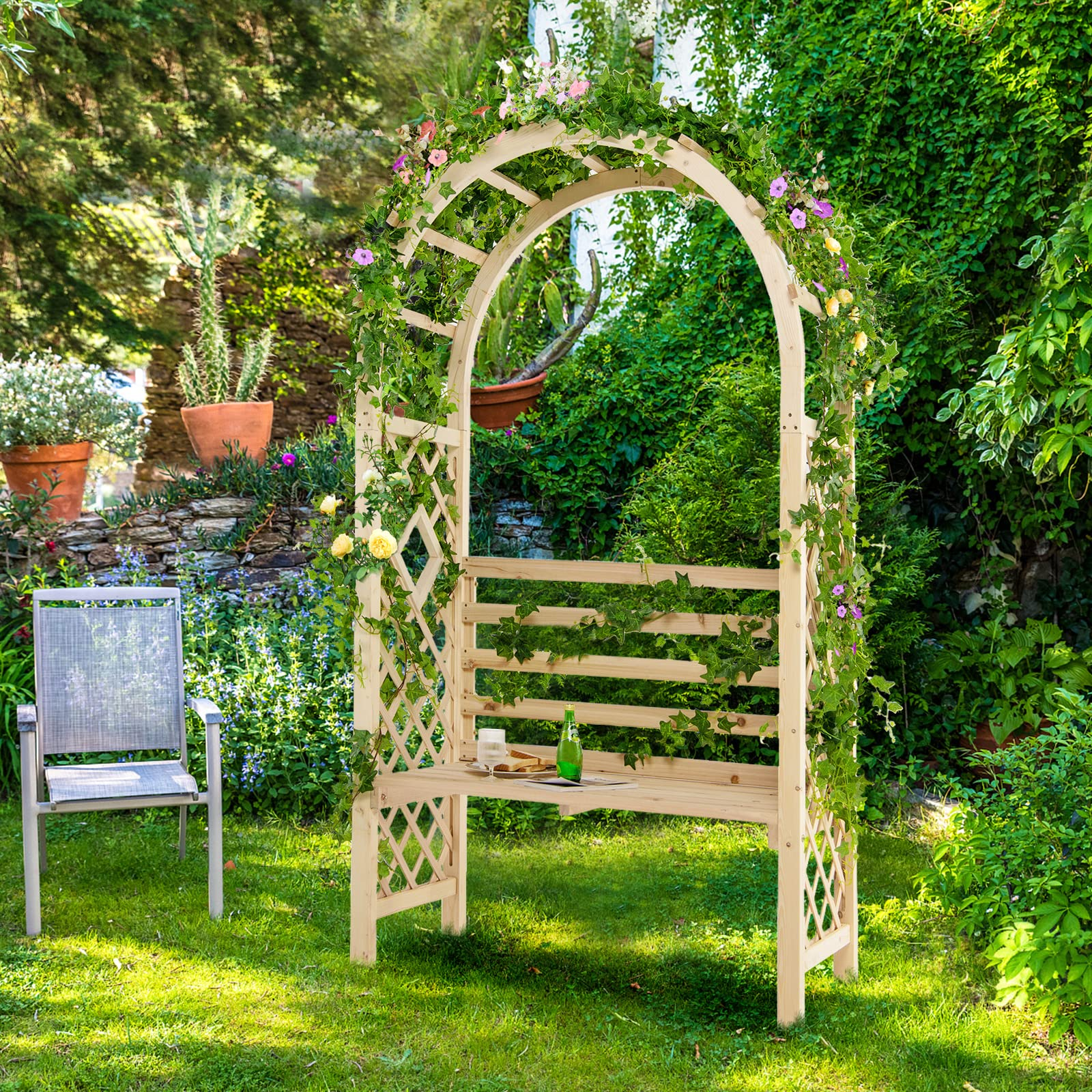 Giantex 81in Garden Arch with 2-Person Bench, Wooden Garden Arbor Archway Trellis for Climbing Plants