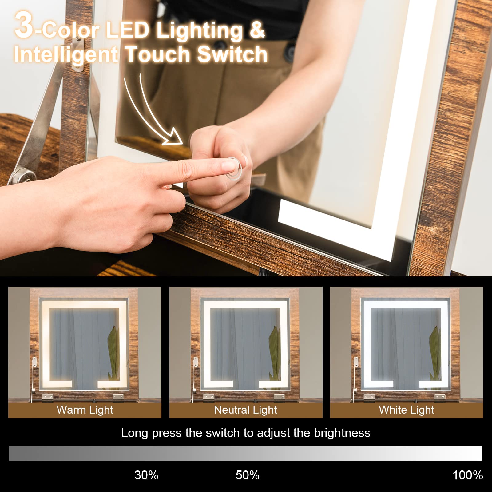 CHARMAID Vanity Desk with 3-Color Lighted Flip Top Mirror
