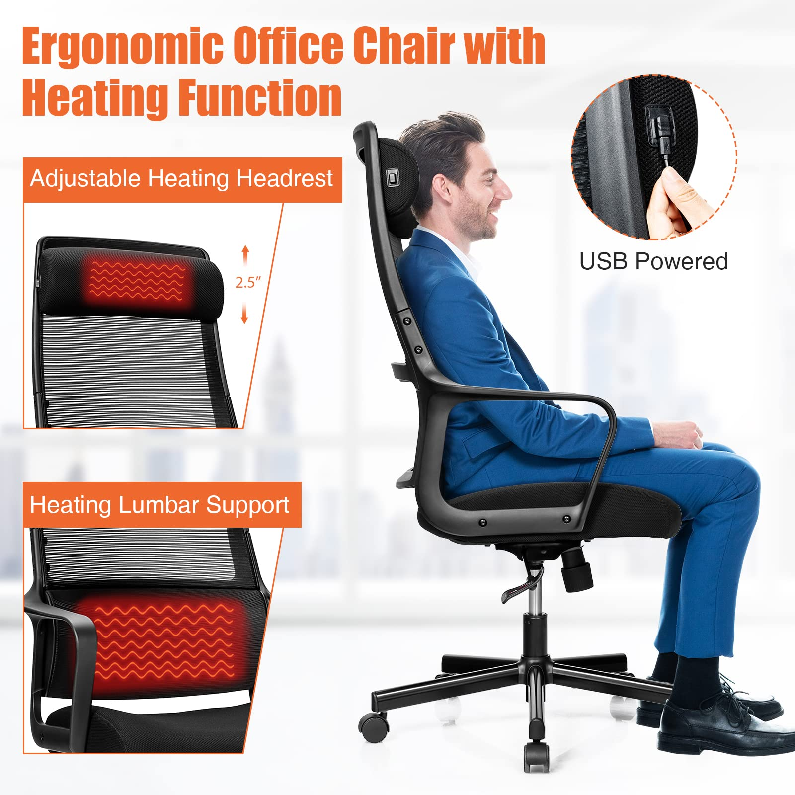 Giantex High Back Mesh Office Chair with Heating Headrest and Lumbar Support Armrest