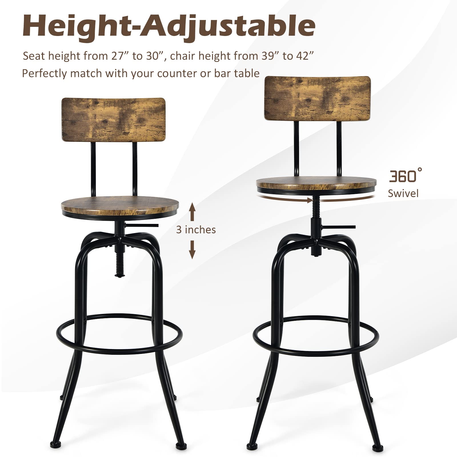 Industrial Bar Stool, Vintage Adjustable Swivel Counter Height Kitchen Dining Chair with Arc-Shaped Backrest