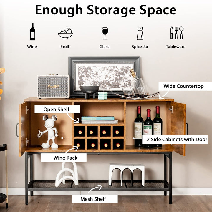Giantex Industrial Buffet Sideboard, Freestanding Kitchen Cupboard with Wine Rack (Rustic Brown & Black)
