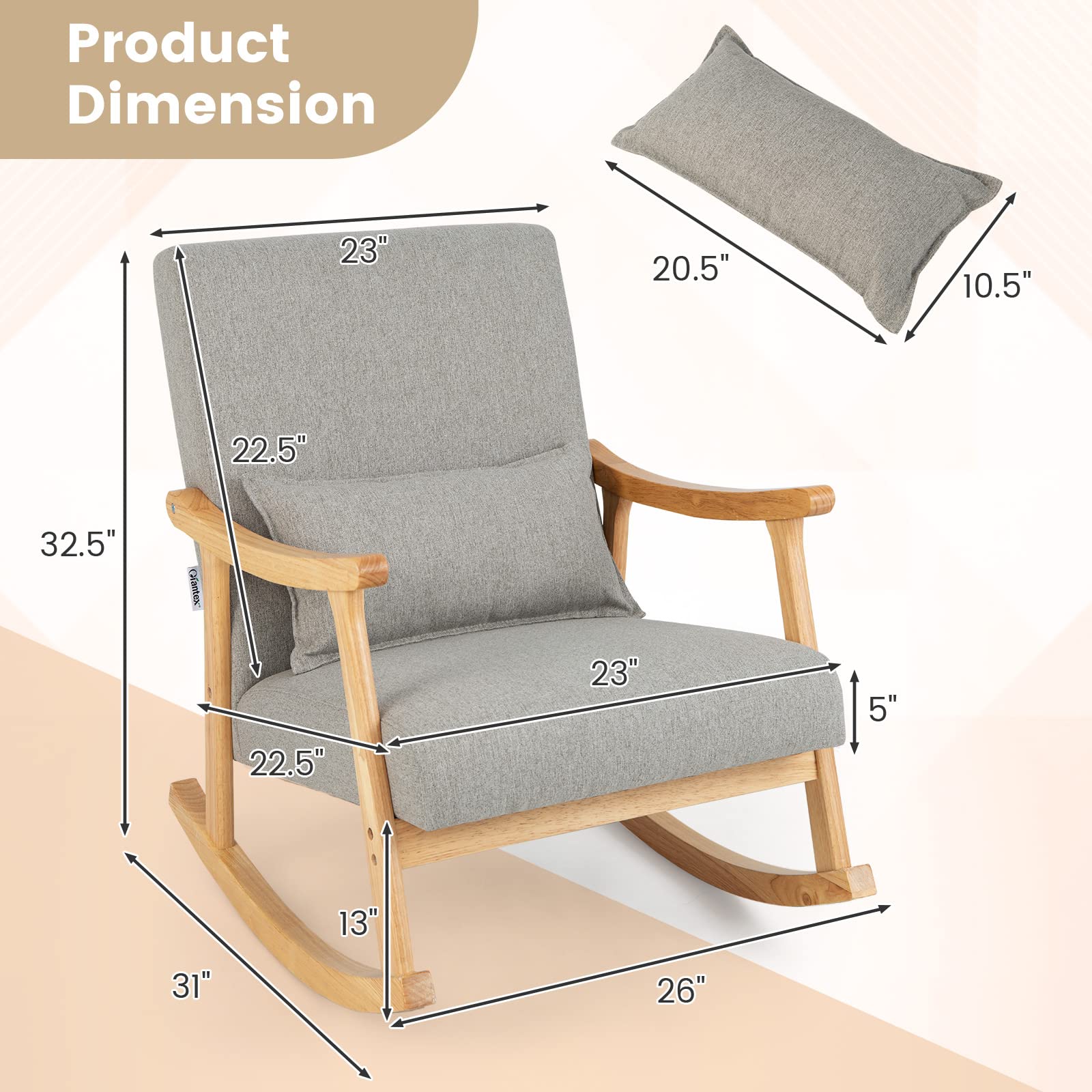 Giantex Upholstered Rocking Chair - Modern Rocker with Rubber Wood Frame, Comfy Backrest & Seat, Grey