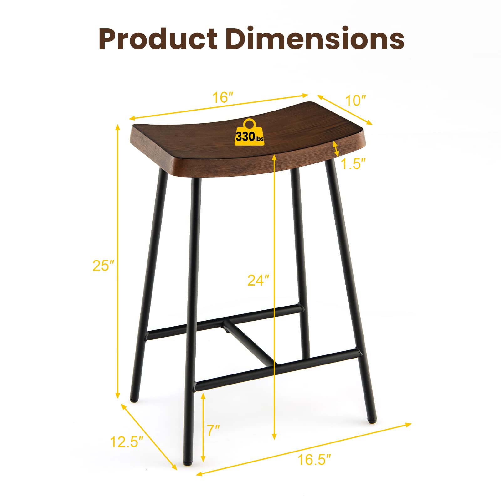 Industrial Saddle Stool with Footrest, Metal Legs, Adjustable Foot Pads, Backless Counter Height Chair for Living Room Kitchen Bar