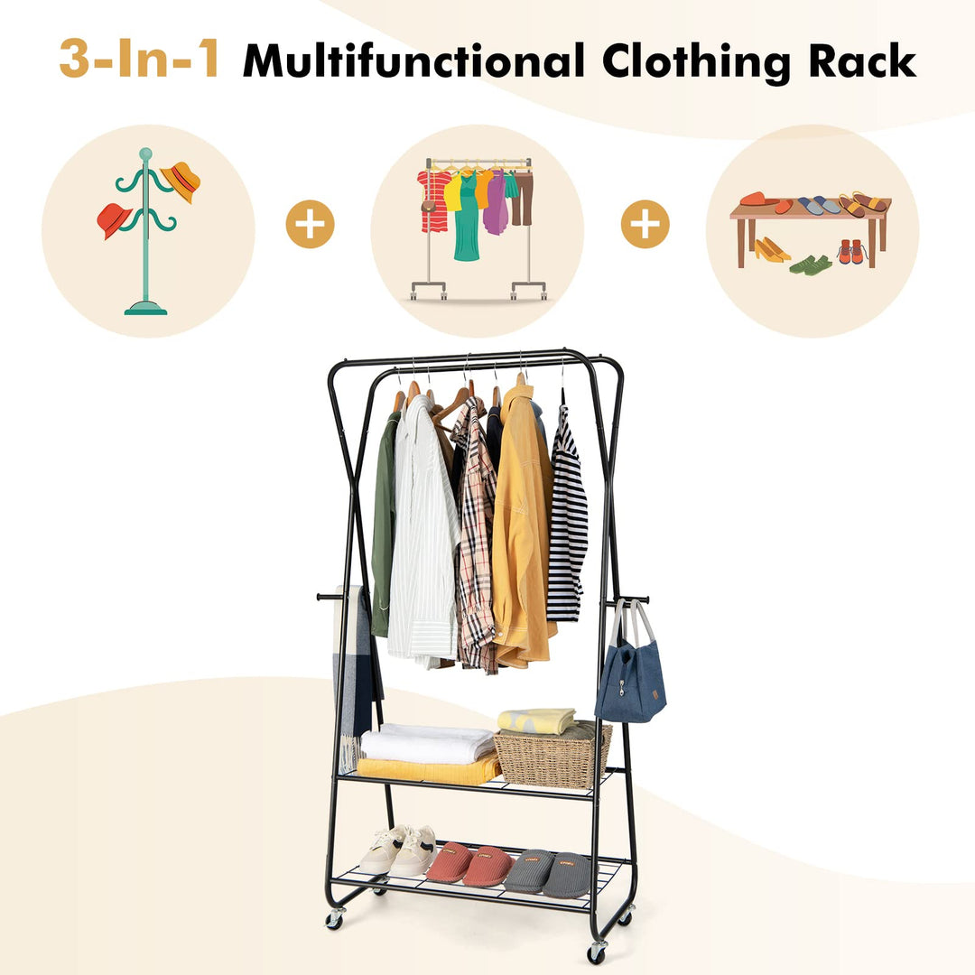 Giantex Metal Rolling Garment Rack, Clothing Rack with Wheels, Double Hanging Rods, 2 Shelves, 4 Hooks